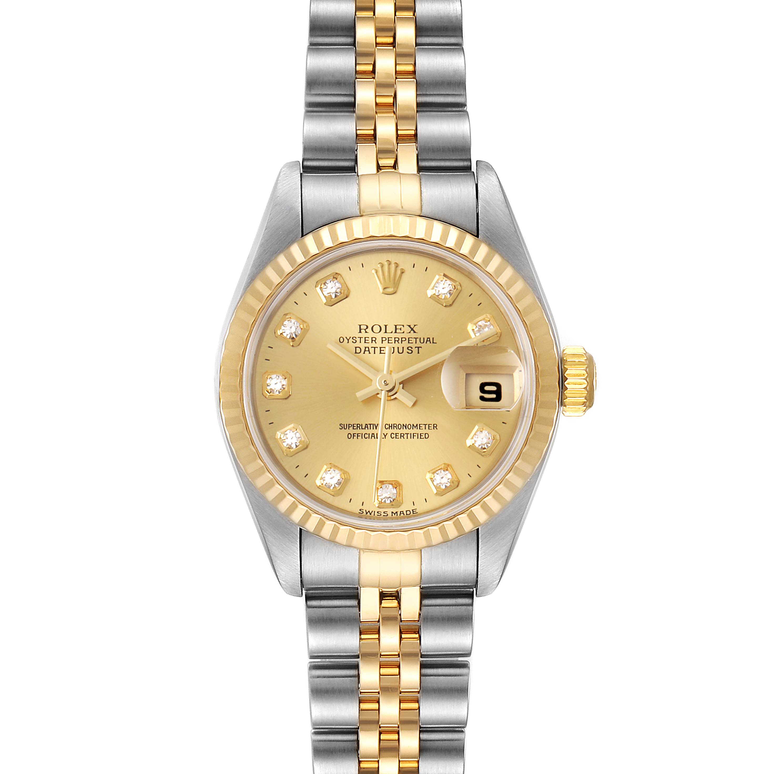 The image shows a front view of a Rolex Datejust 69173 Women's Steel and Gold (two tone) Champagne Dial 69173 Women's Steel and Gold (two tone) Champagne Dial watch, detailing its gold dial, bezel, and two-tone bracelet.
