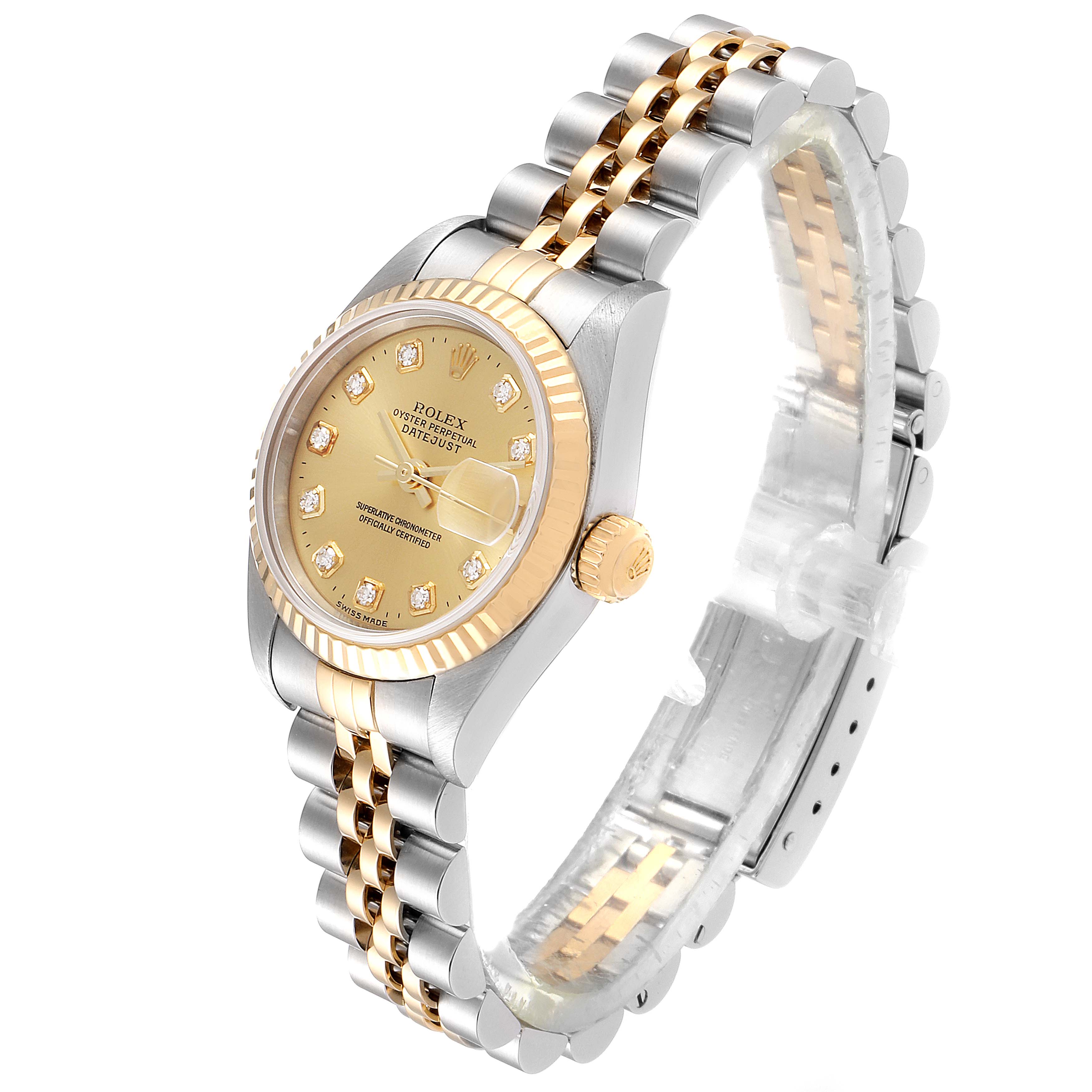 The Rolex Datejust 69173 Women's Steel and Gold (two tone) Champagne Dial 69173 Women's Steel and Gold (two tone) Champagne Dial watch is shown at a slight angle, displaying its gold and silver two-tone bracelet and diamond-accented gold dial.