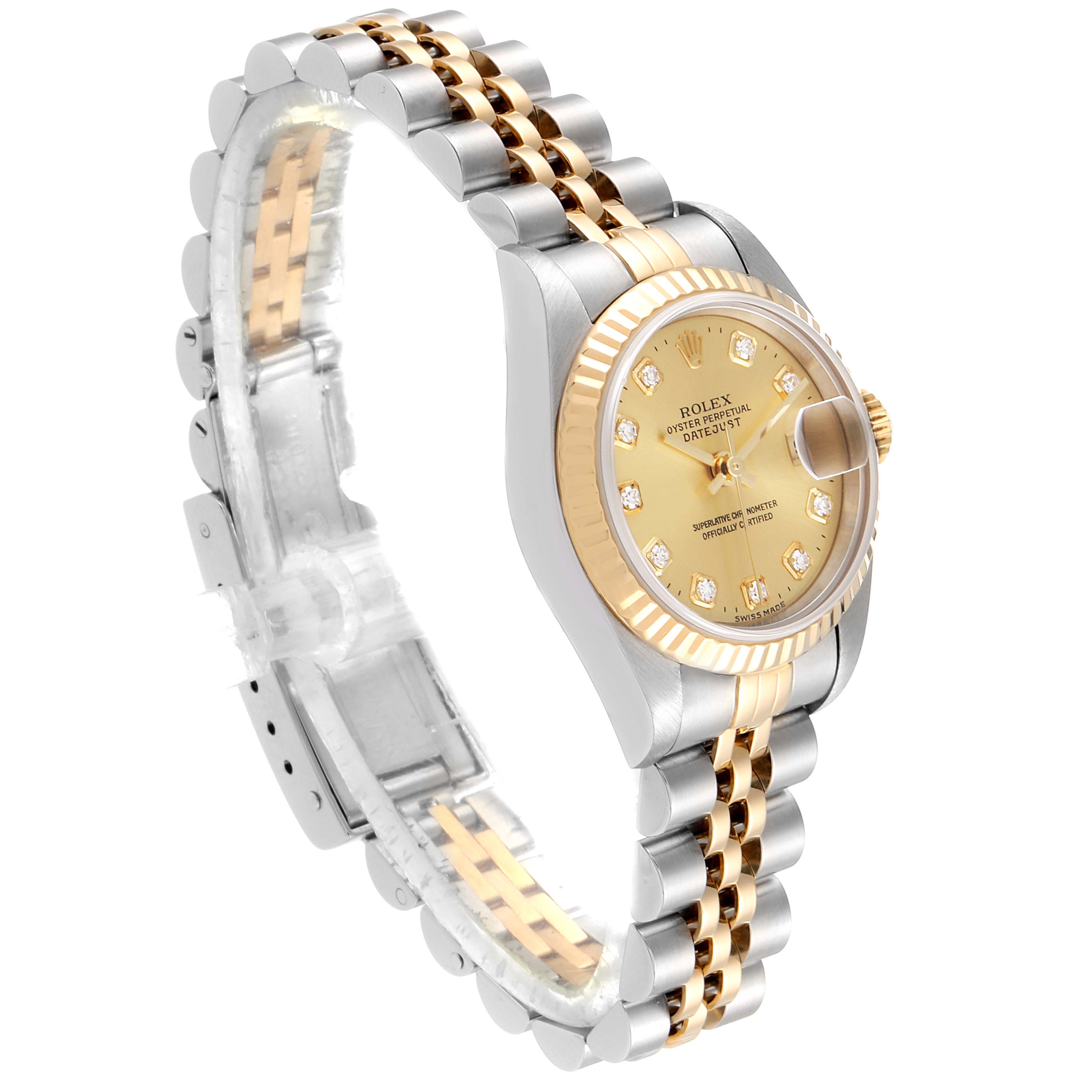 The image shows a side-angle view of the Rolex Datejust 69173 Women's Steel and Gold (two tone) Champagne Dial 69173 Women's Steel and Gold (two tone) Champagne Dial watch, highlighting its two-tone bracelet and diamond-set gold dial.