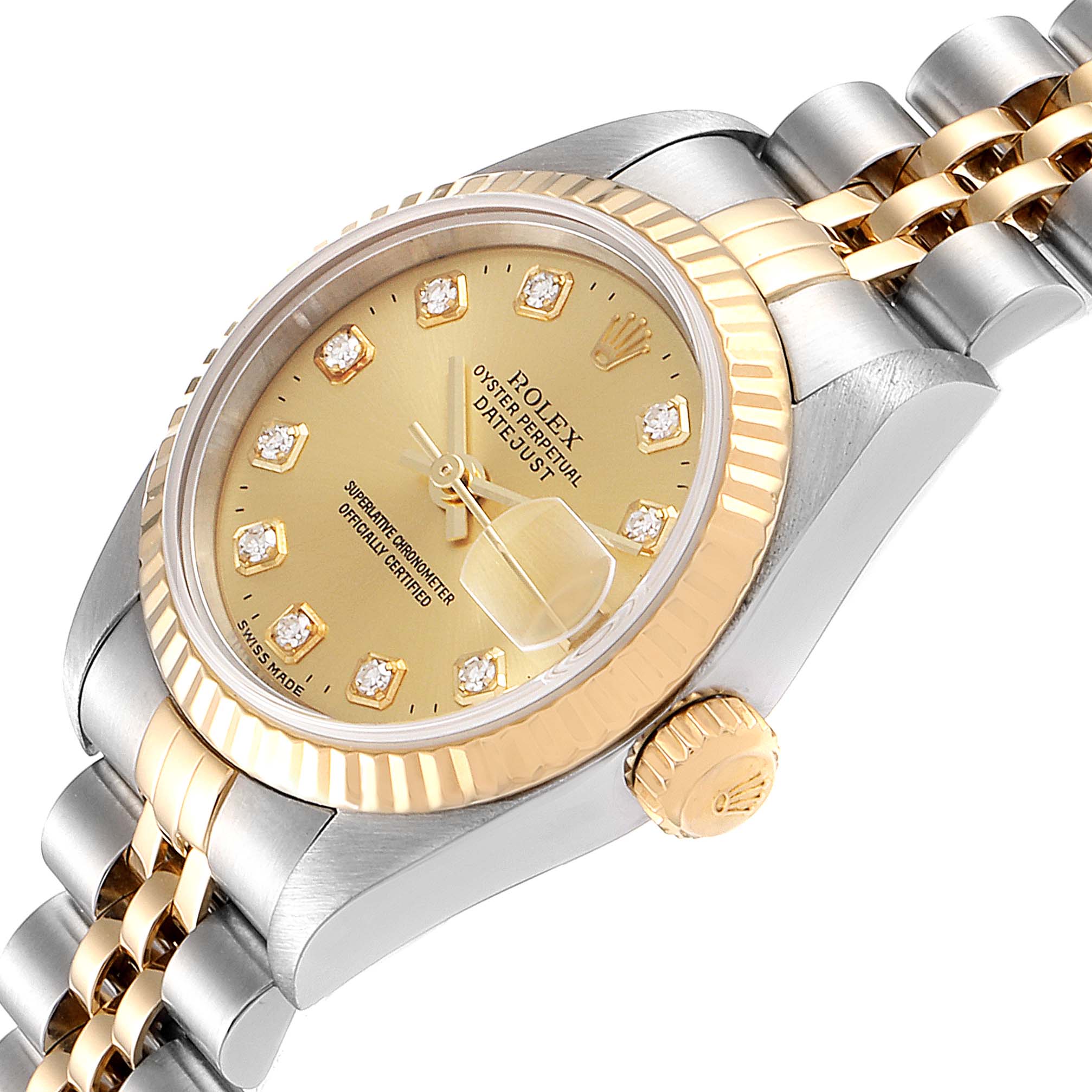 The image shows a close-up of the Rolex Datejust 69173 Women's Steel and Gold (two tone) Champagne Dial 69173 Women's Steel and Gold (two tone) Champagne Dial watch at an angle highlighting the dial, bezel, crown, and a portion of the bracelet.