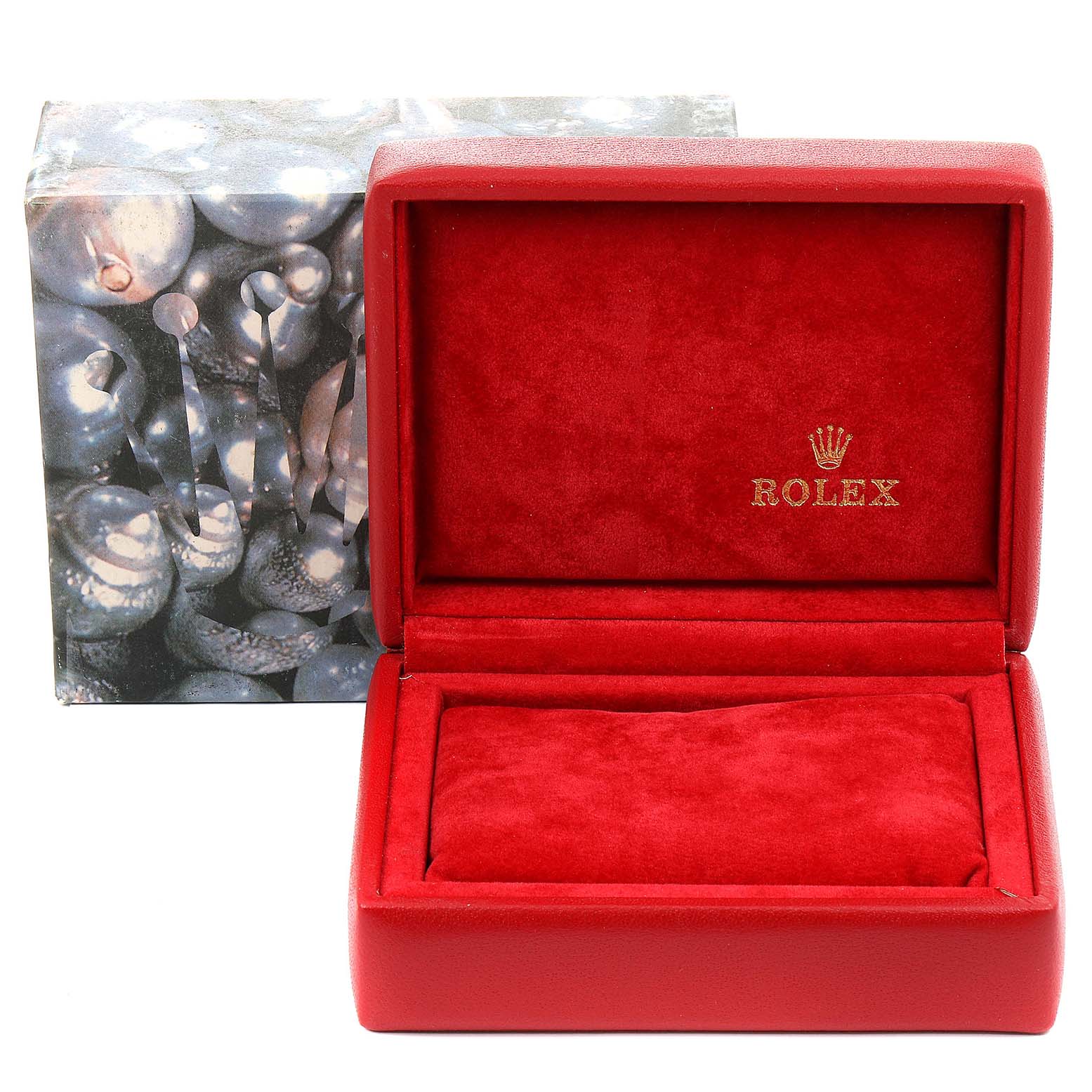 This image shows an open red Rolex Datejust 69173 Women's Steel and Gold (two tone) Champagne Dial 69173 Women's Steel and Gold (two tone) Champagne Dial watch box with a cushioned interior and logo.