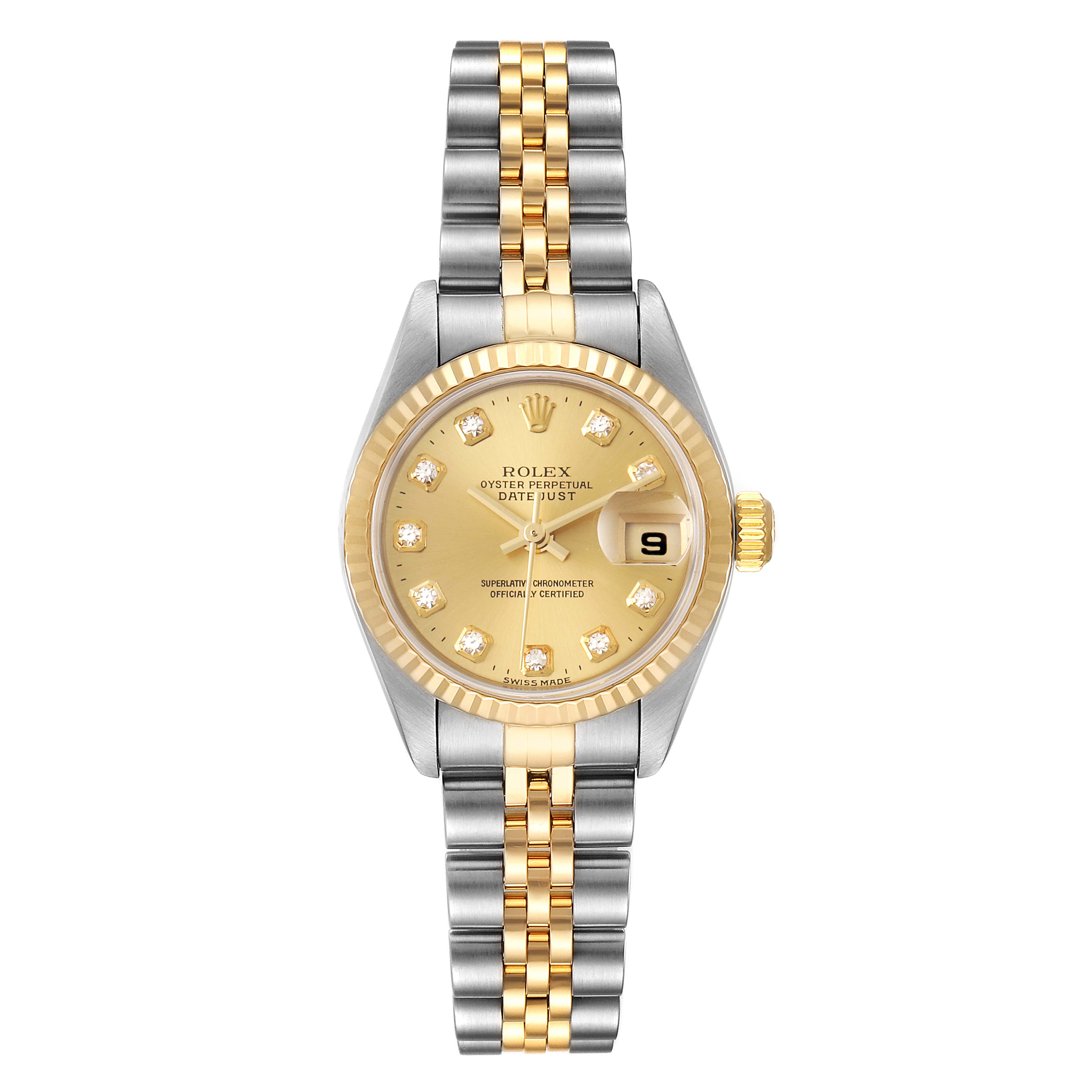 The image shows a front view of the Rolex Datejust 69173 Women's Steel and Gold (two tone) Champagne Dial 69173 Women's Steel and Gold (two tone) Champagne Dial watch featuring a two-tone bracelet, gold dial, and date magnifier.