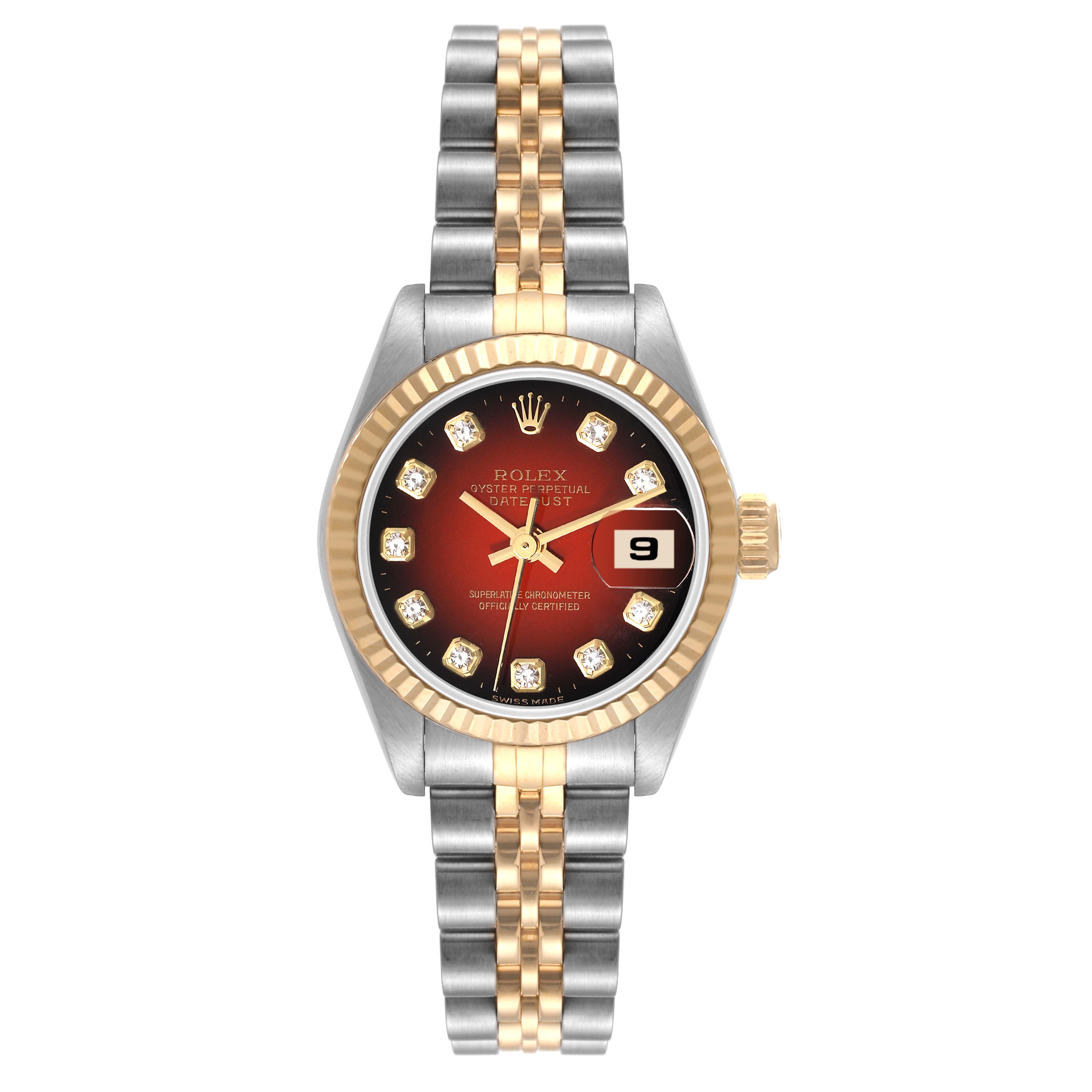 The image shows a Rolex Datejust 69173 Women's Steel and Gold (two tone) Red Dial 69173 Women's Steel and Gold (two tone) Red Dial watch face and bracelet from a top-down angle.