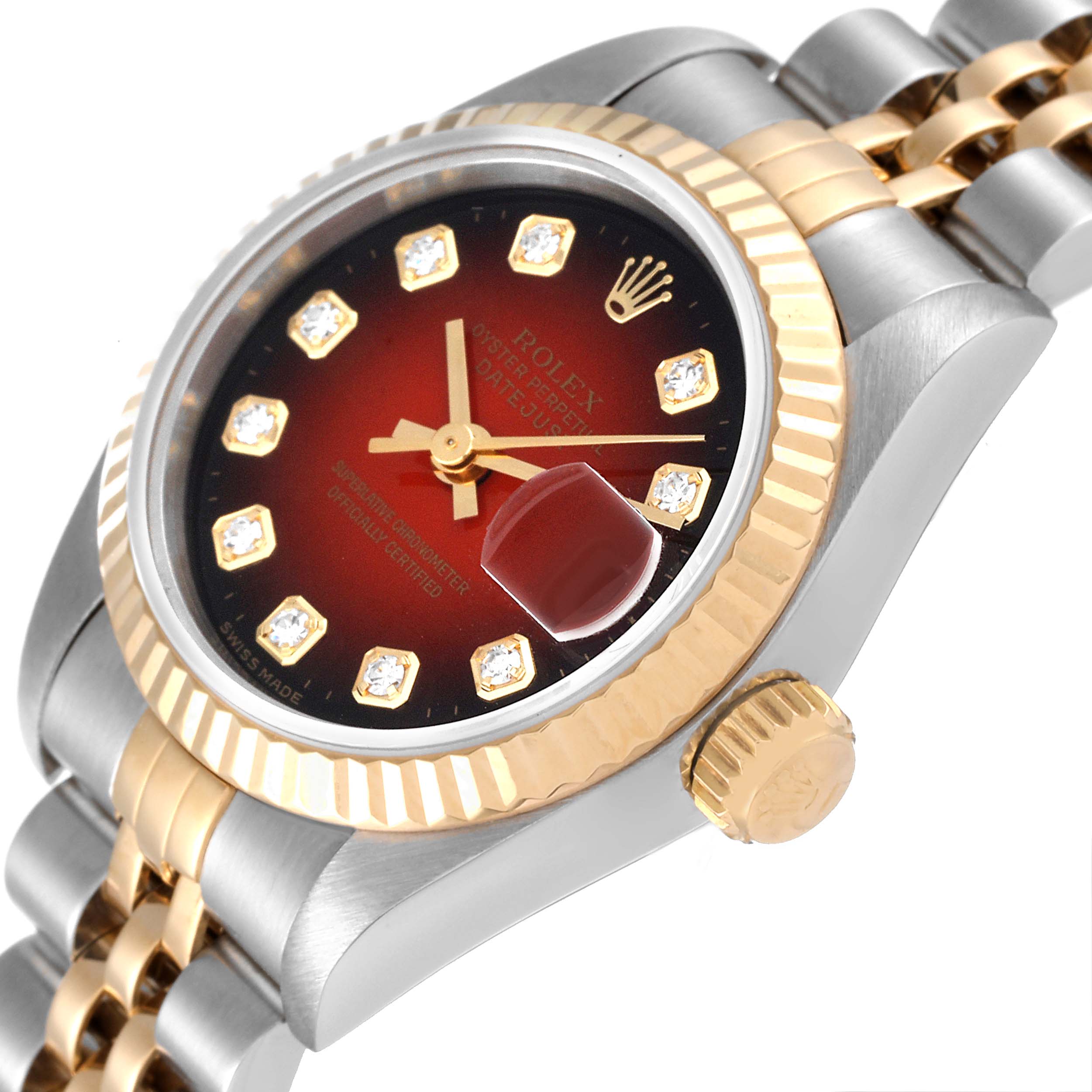 The image shows a close-up of a Rolex Datejust 69173 Women's Steel and Gold (two tone) Red Dial 69173 Women's Steel and Gold (two tone) Red Dial watch, highlighting the face, crown, bezel, and part of the band.