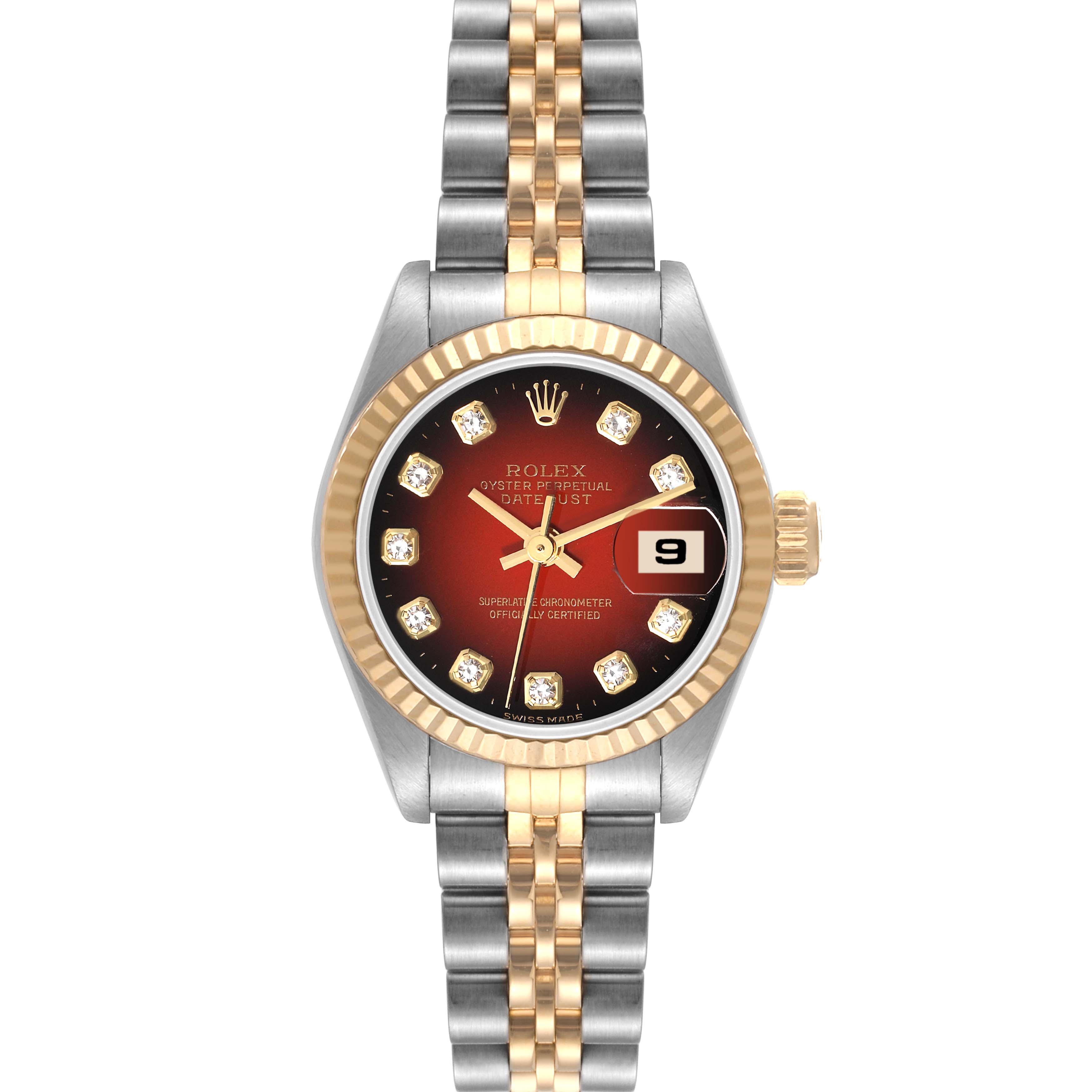 This Rolex Datejust 69173 Women's Steel and Gold (two tone) Red Dial 69173 Women's Steel and Gold (two tone) Red Dial watch is shown from a top-down angle, featuring a two-tone metal band, fluted bezel, and date window at 3 o'clock.