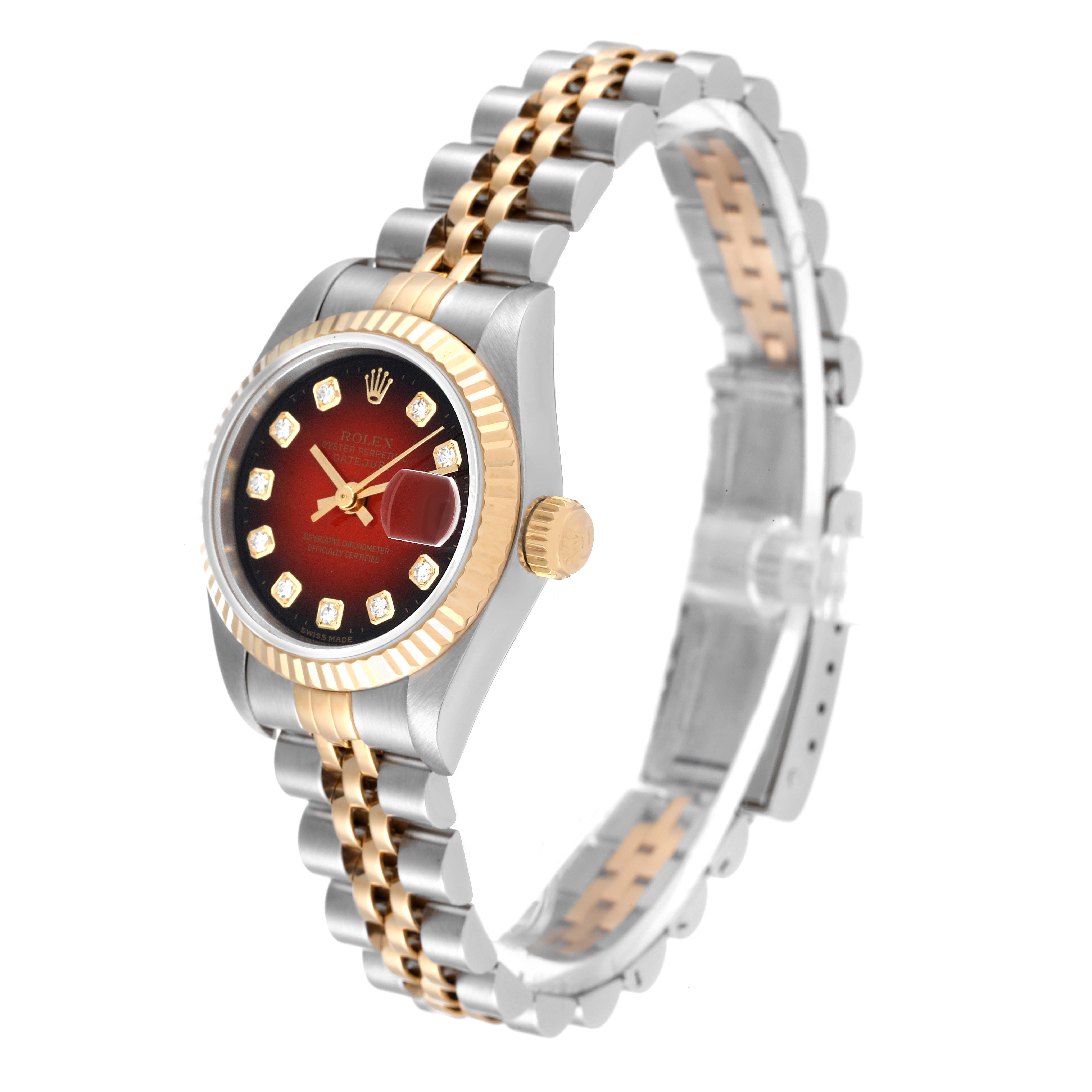 This image shows a Rolex Datejust 69173 Women's Steel and Gold (two tone) Red Dial 69173 Women's Steel and Gold (two tone) Red Dial watch at an angled side view, highlighting the two-tone bracelet, dial, and fluted bezel.