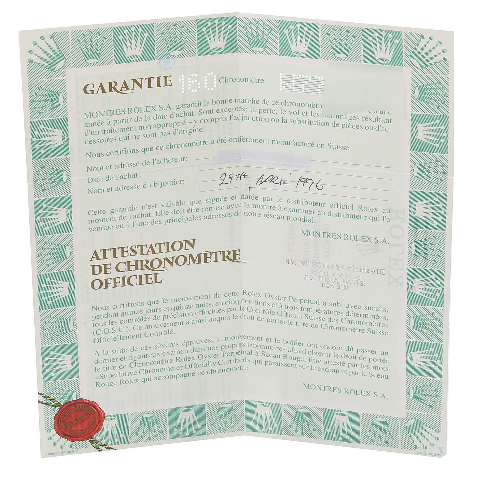 The image shows a Warranty and Official Chronometer Certification for a Rolex Datejust 69173 Women's Steel and Gold (two tone) Red Dial 69173 Women's Steel and Gold (two tone) Red Dial model.