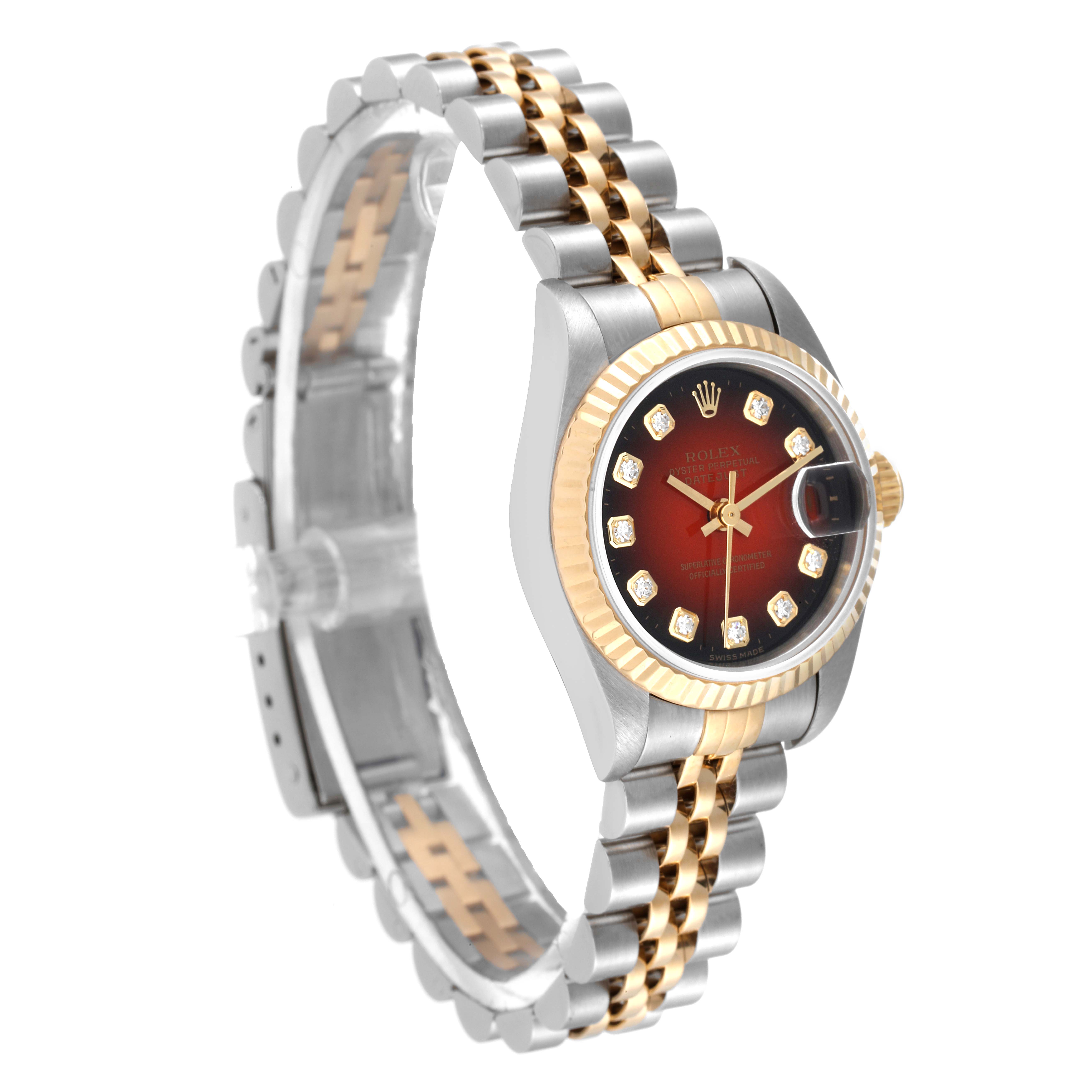 This Rolex Datejust 69173 Women's Steel and Gold (two tone) Red Dial 69173 Women's Steel and Gold (two tone) Red Dial watch is shown from a three-quarter angle, highlighting its face, bezel, and two-tone bracelet.