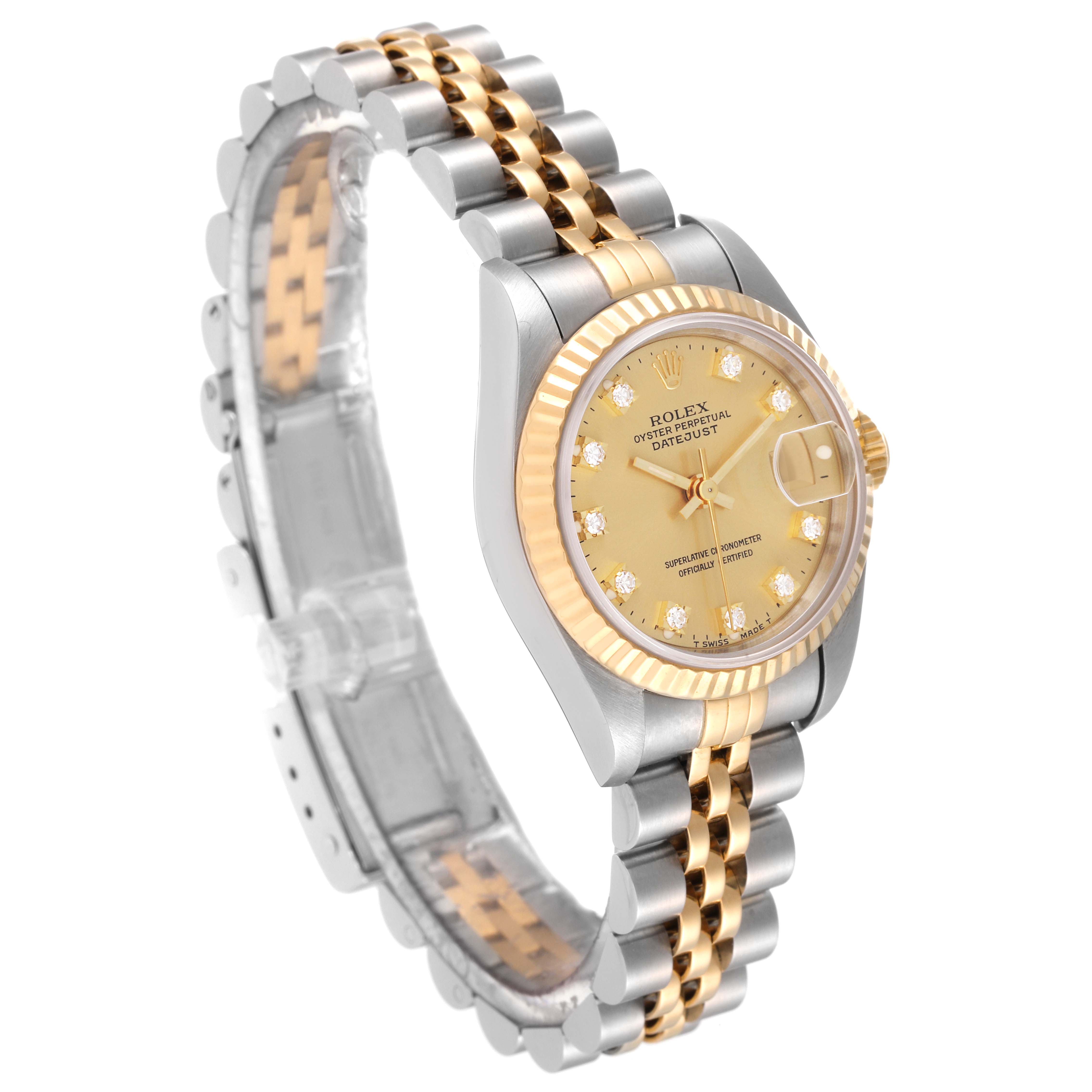 The image shows a side angle of a Rolex Datejust 69173 Women's Steel and Gold (two tone) Champagne Dial 69173 Women's Steel and Gold (two tone) Champagne Dial watch, highlighting its two-tone bezel, bracelet, and champagne dial.