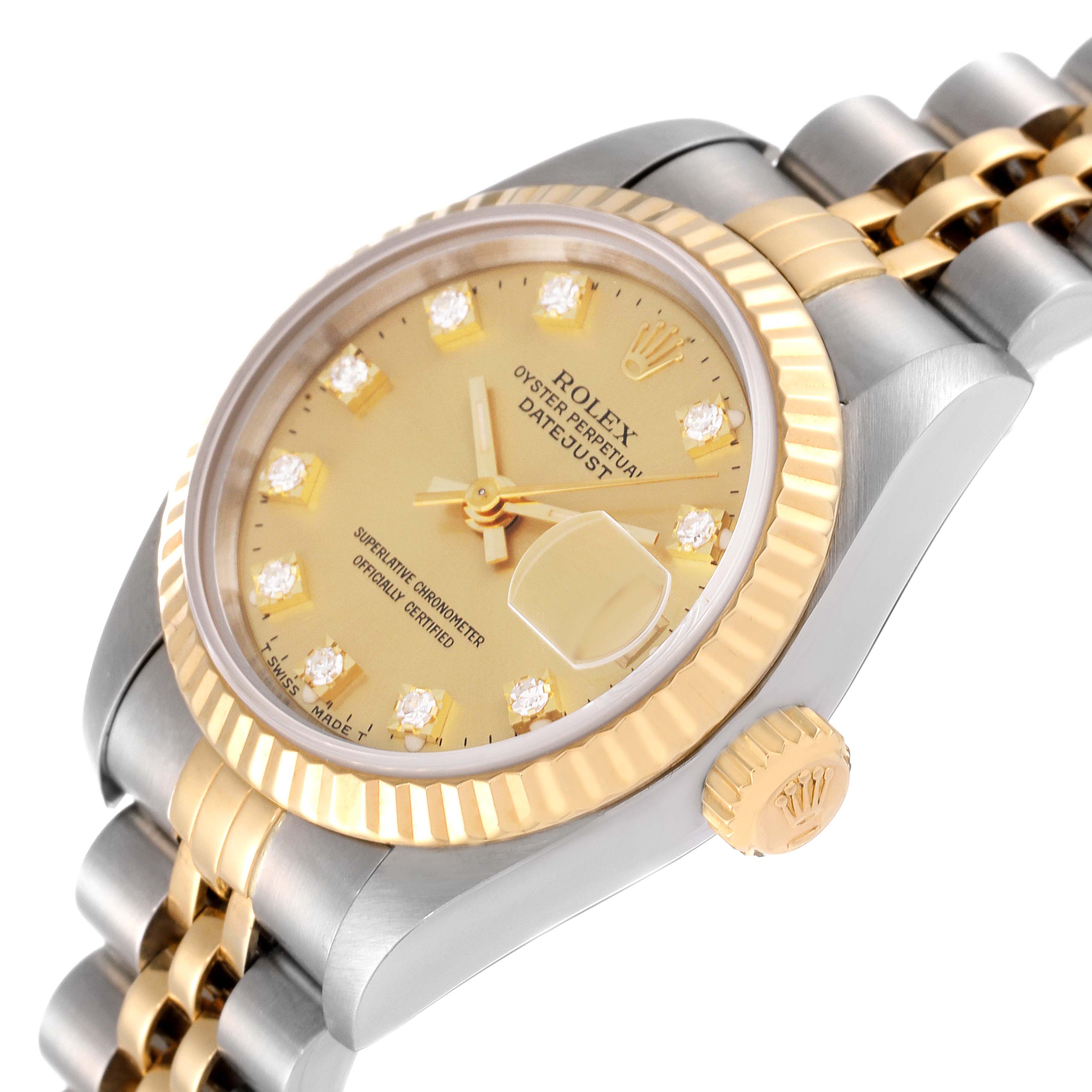 This image shows a Rolex Datejust 69173 Women's Steel and Gold (two tone) Champagne Dial 69173 Women's Steel and Gold (two tone) Champagne Dial watch angled from the side, highlighting the dial, bezel, crown, and part of the bracelet.