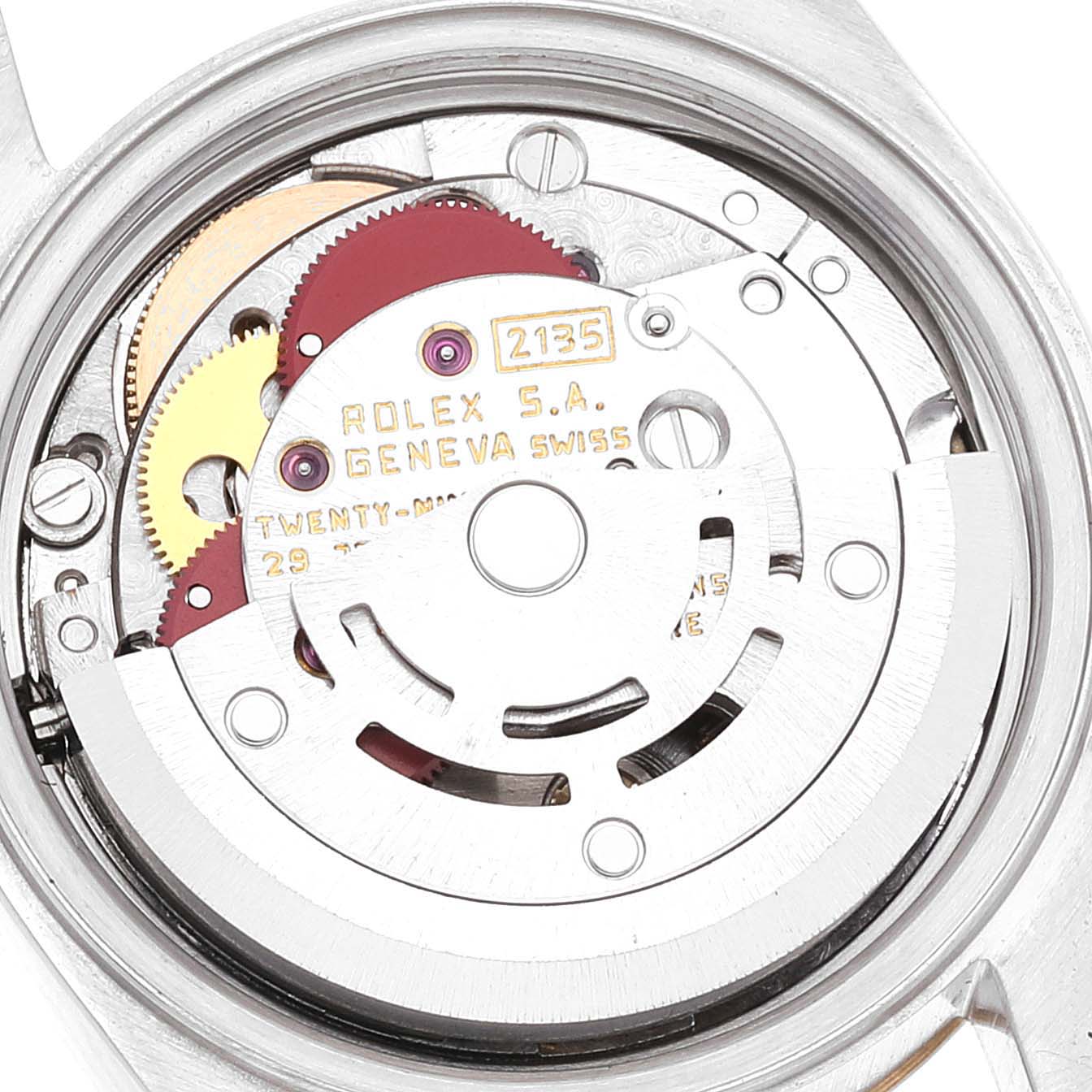 The image shows the internal mechanics of a Rolex Datejust 69173 Women's Steel and Gold (two tone) Champagne Dial 69173 Women's Steel and Gold (two tone) Champagne Dial watch, focusing on the movement components.