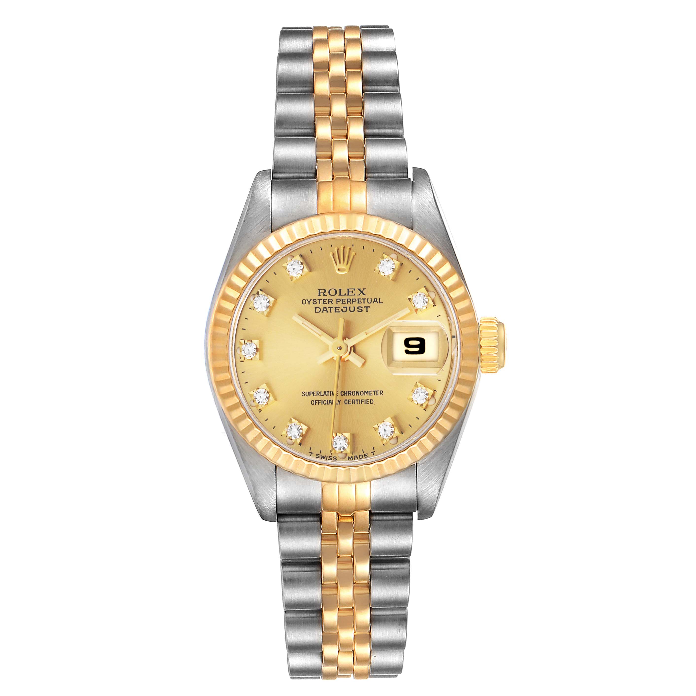 This image shows a front view of a Rolex Datejust 69173 Women's Steel and Gold (two tone) Champagne Dial 69173 Women's Steel and Gold (two tone) Champagne Dial watch featuring a two-tone bracelet and a gold dial with a date window.