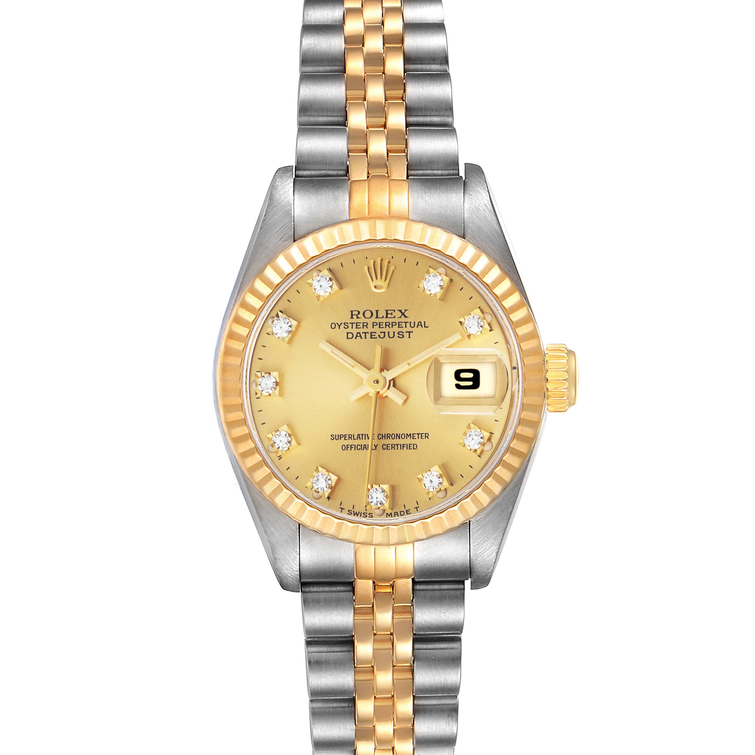 This image shows the front view of a Rolex Datejust 69173 Women's Steel and Gold (two tone) Champagne Dial 69173 Women's Steel and Gold (two tone) Champagne Dial watch, displaying the face, bezel, and part of the bracelet.