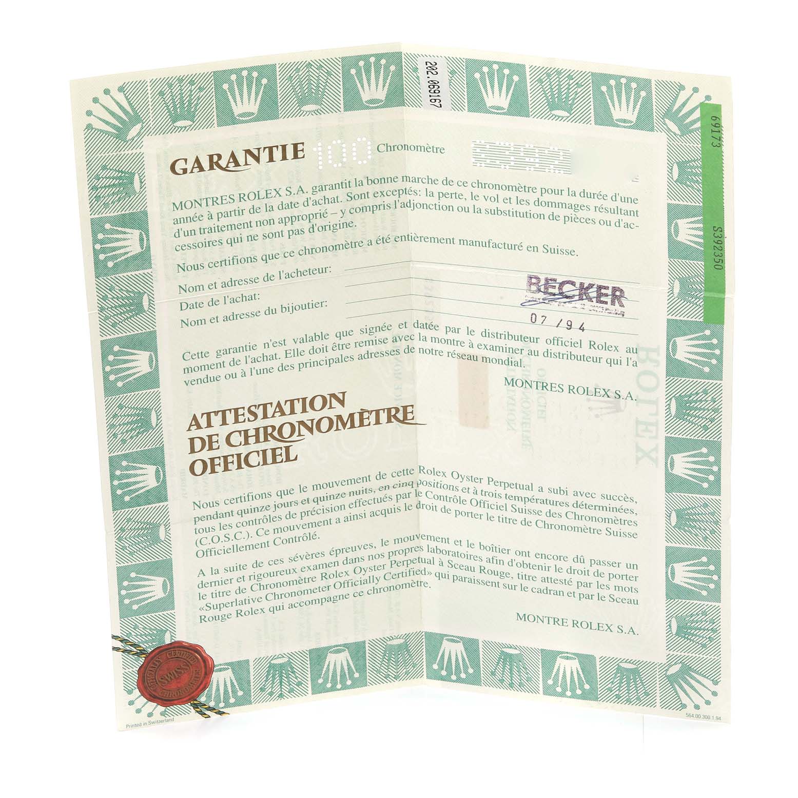 This image shows the folded warranty certificate for a Rolex Datejust 69173 Women's Steel and Gold (two tone) Champagne Dial 69173 Women's Steel and Gold (two tone) Champagne Dial model, displaying the official documentation and logos.