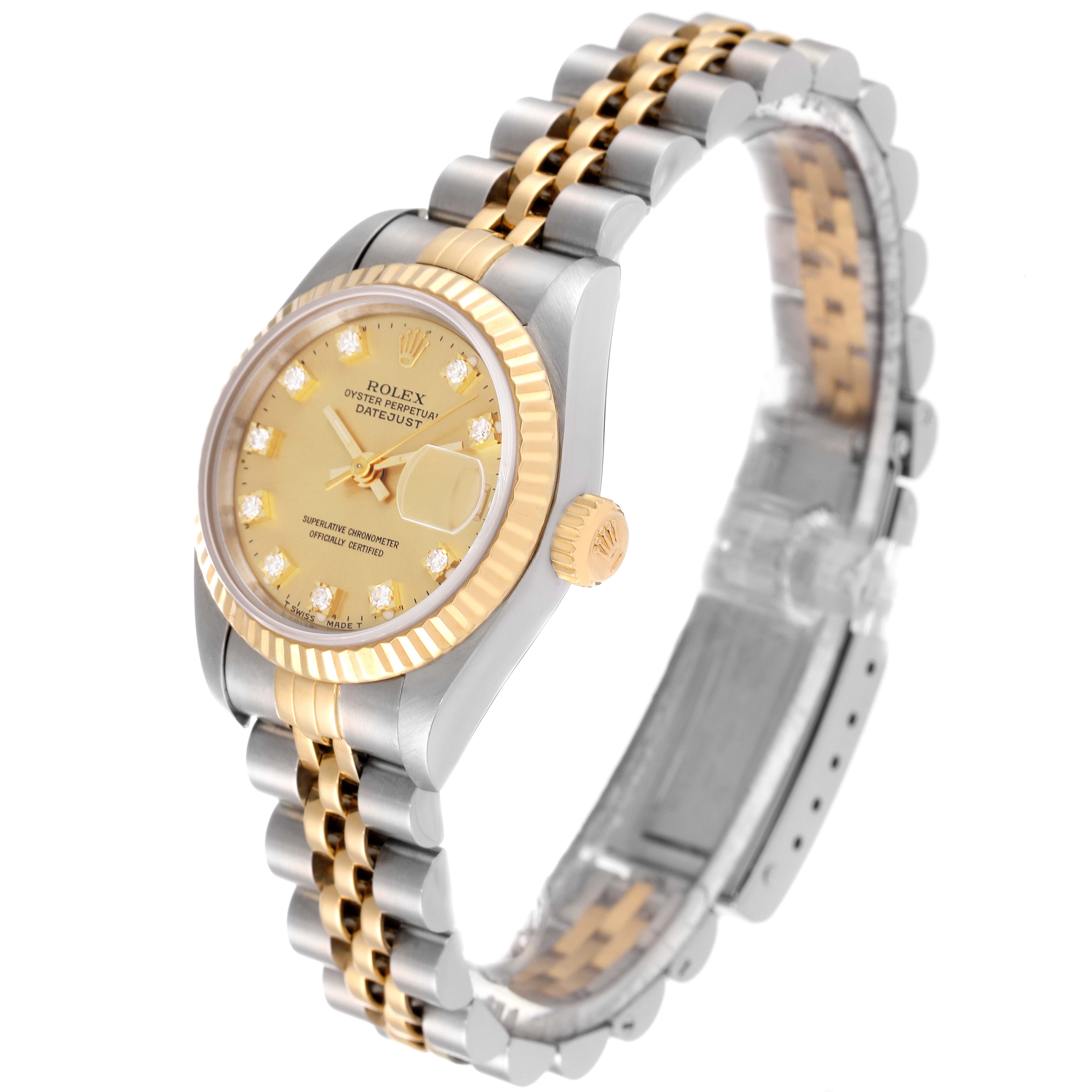 The image shows a Rolex Datejust 69173 Women's Steel and Gold (two tone) Champagne Dial 69173 Women's Steel and Gold (two tone) Champagne Dial watch at an angle displaying its face, bracelet, bezel, and crown.