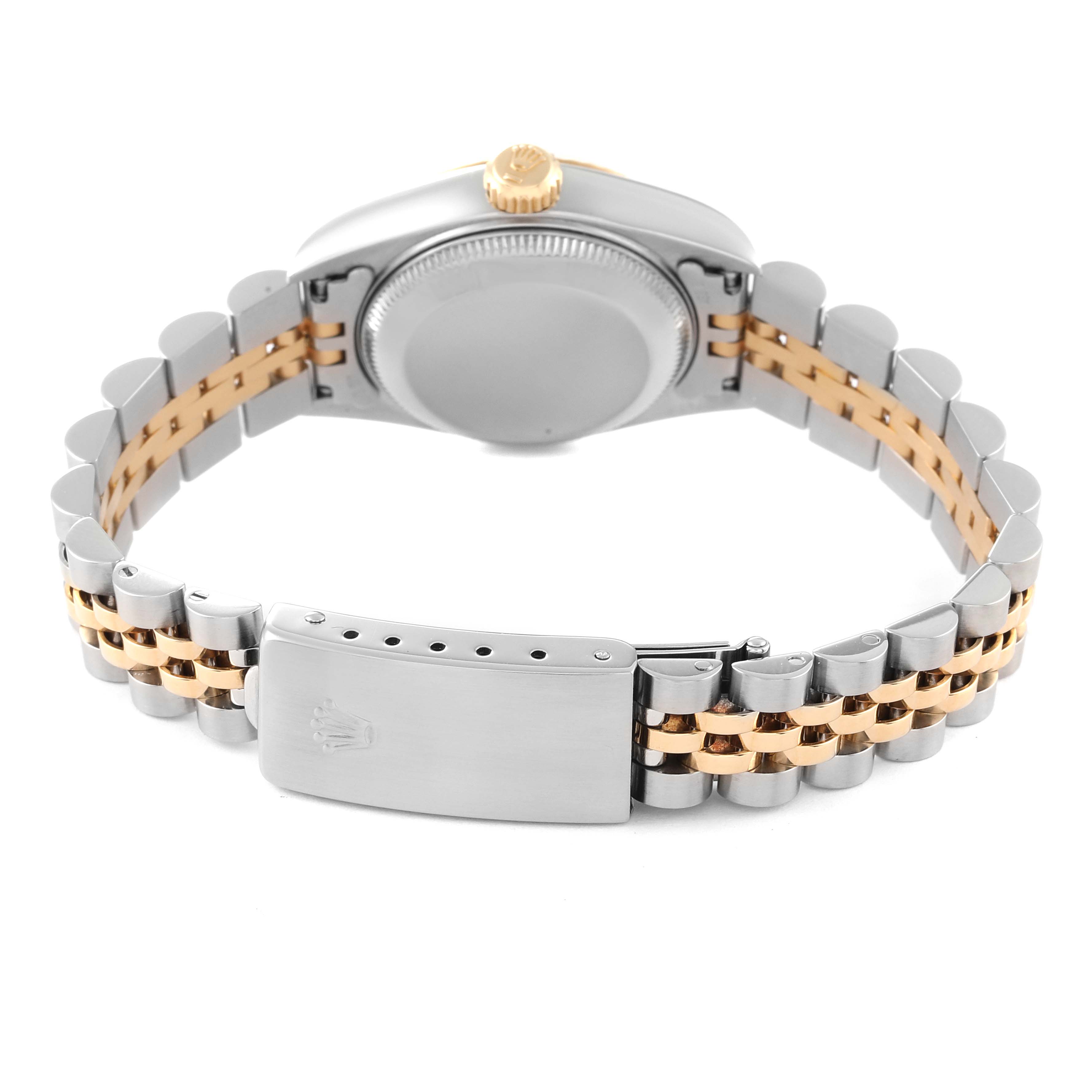 The image shows the back, clasp, and bracelet of a Rolex Datejust 69173 Women's Steel and Gold (two tone) Champagne Dial 69173 Women's Steel and Gold (two tone) Champagne Dial watch with a two-tone metal design.