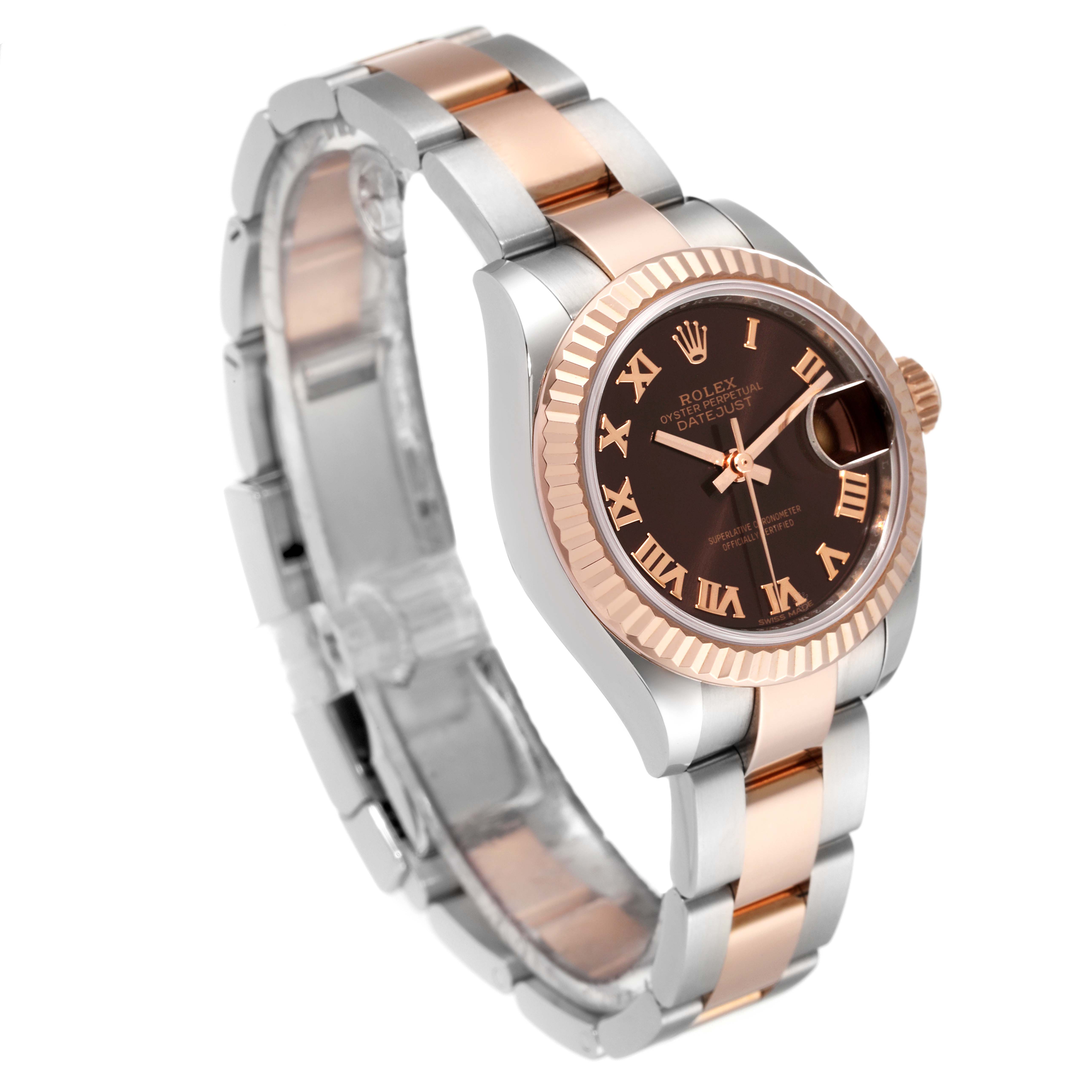 The Rolex Datejust 279171 Women's Steel and Gold (two tone) Brown Dial 279171 Women's Steel and Gold (two tone) Brown Dial watch is shown at a three-quarter angle, displaying the dial, bracelet, and fluted bezel.