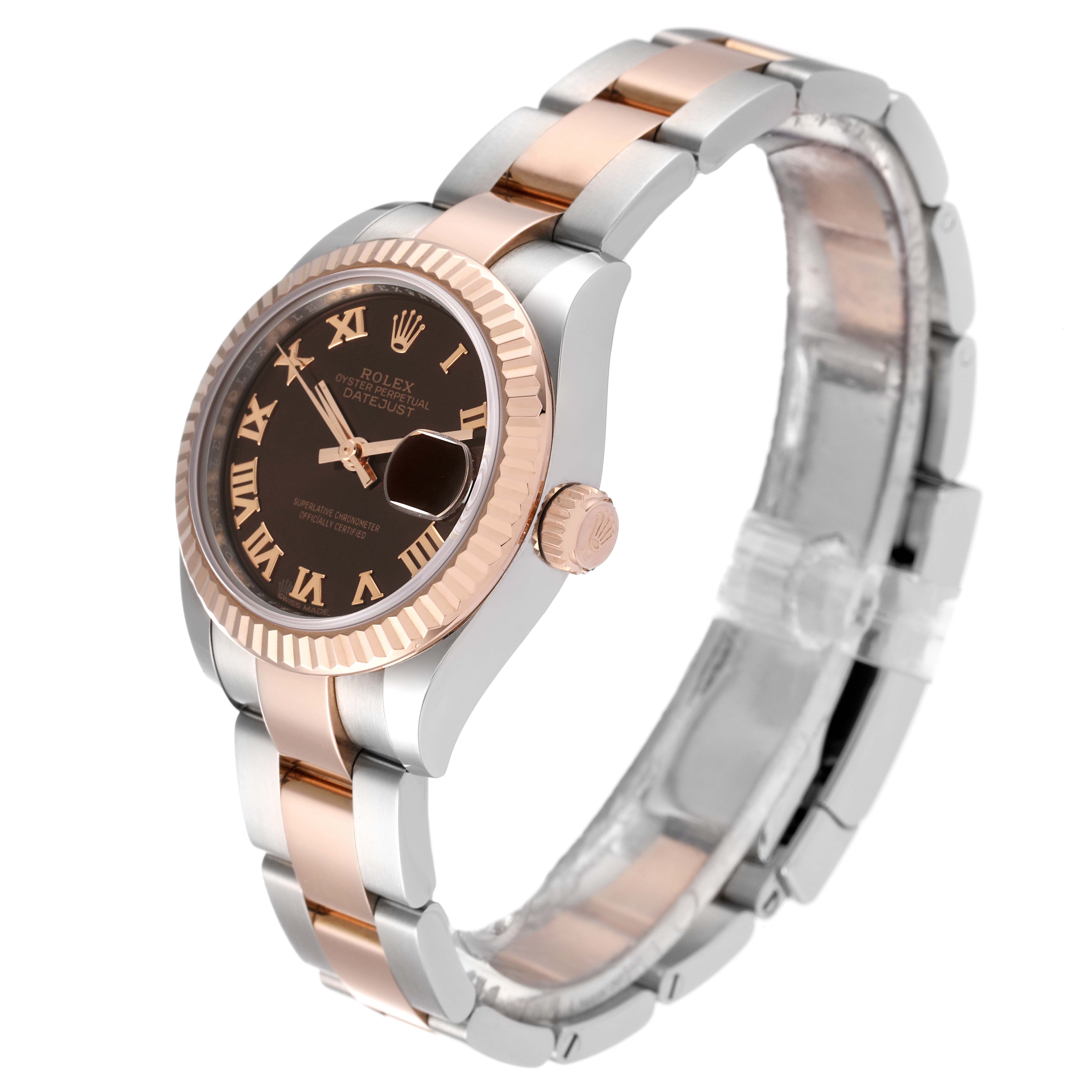 The image shows a side profile and partial top view of a Rolex Datejust 279171 Women's Steel and Gold (two tone) Brown Dial 279171 Women's Steel and Gold (two tone) Brown Dial watch, highlighting its two-tone bracelet and black Roman numeral dial.