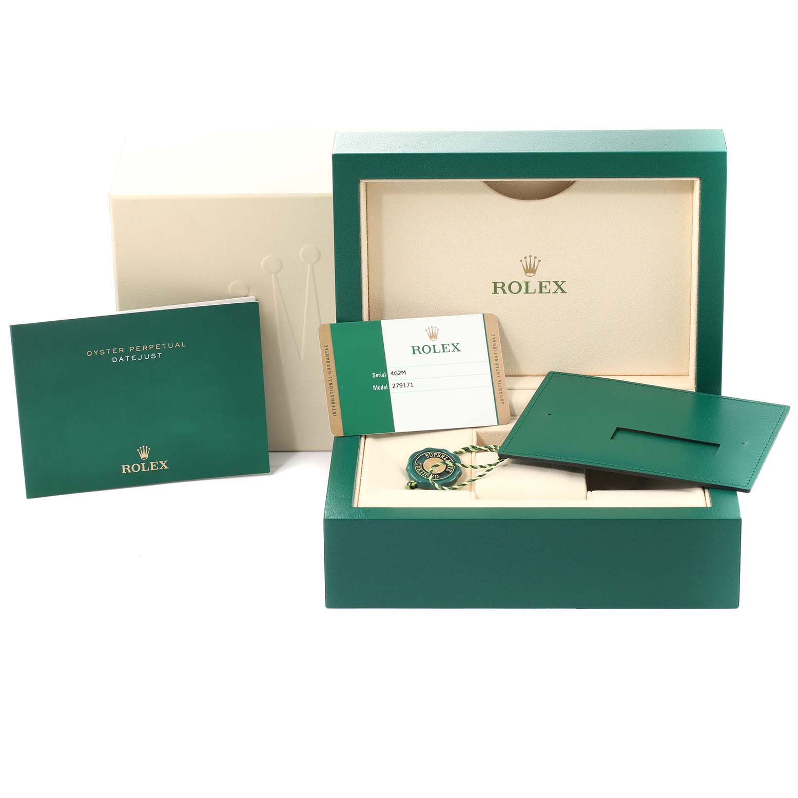 The image shows the packaging and accessories of a Rolex Datejust 279171 Women's Steel and Gold (two tone) Brown Dial 279171 Women's Steel and Gold (two tone) Brown Dial watch, including the box, warranty card, booklet, and tag.
