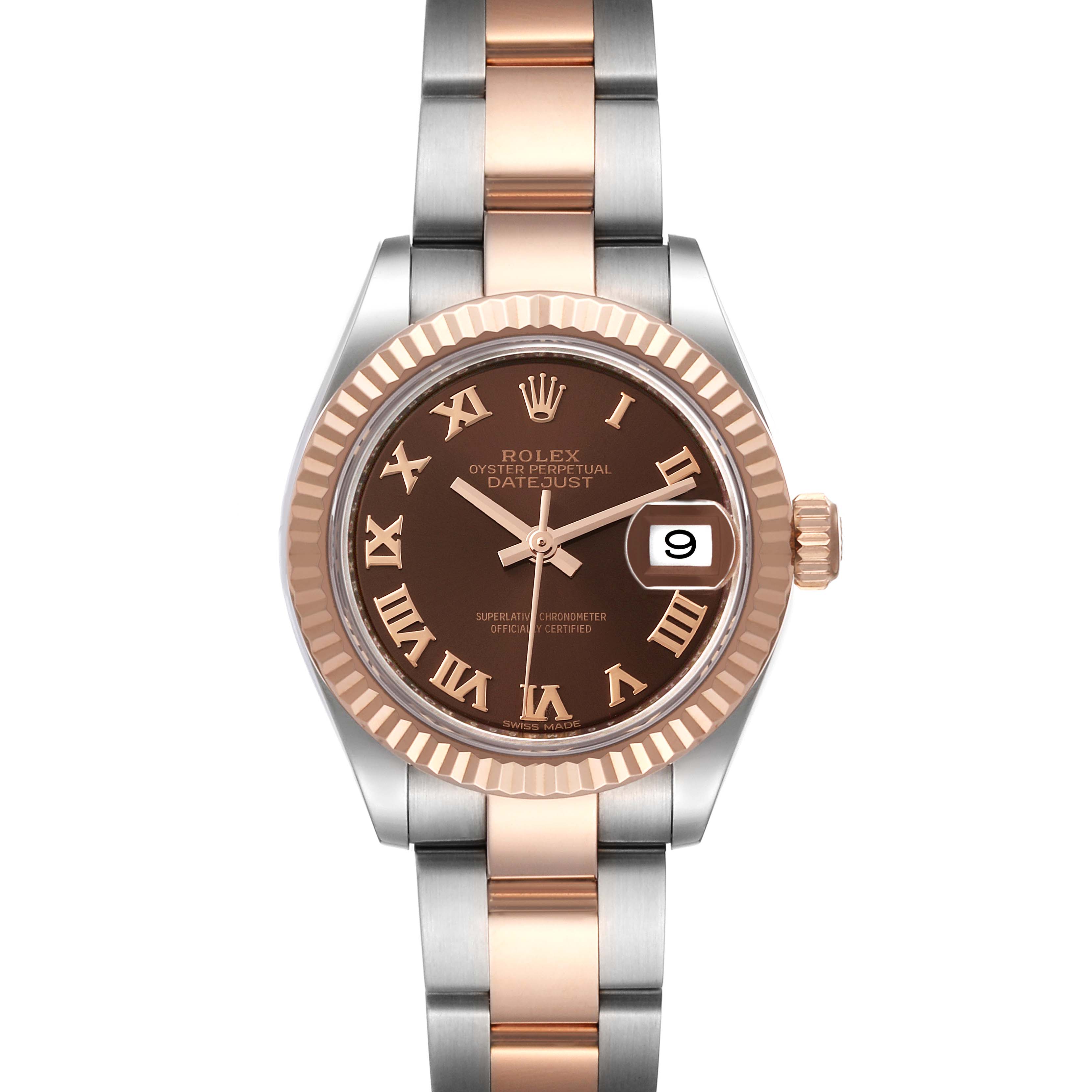 The Rolex Datejust 279171 Women's Steel and Gold (two tone) Brown Dial 279171 Women's Steel and Gold (two tone) Brown Dial watch is shown from a front angle, displaying the face, bezel, and bracelet.