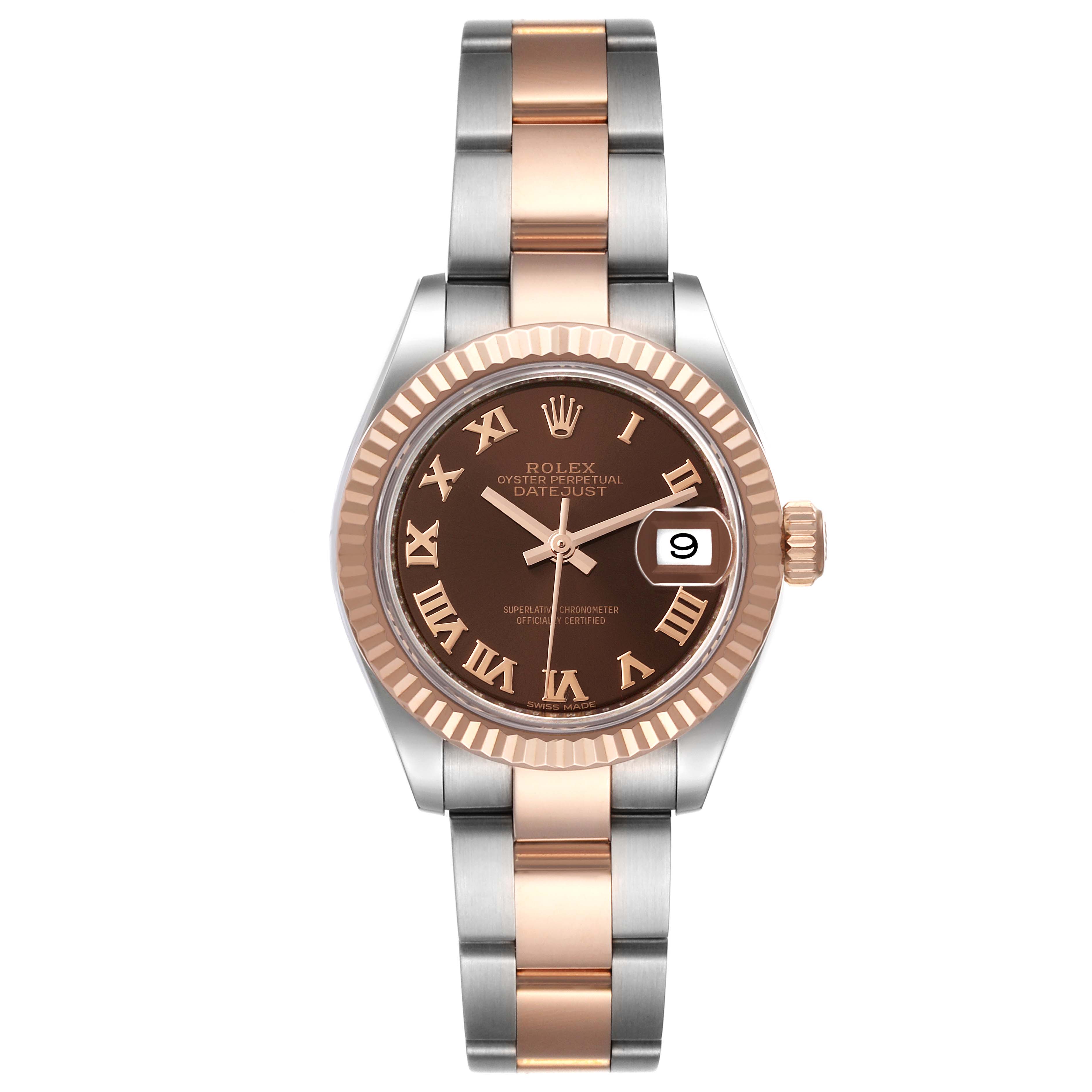 This image shows a front view of a Rolex Datejust 279171 Women's Steel and Gold (two tone) Brown Dial 279171 Women's Steel and Gold (two tone) Brown Dial, highlighting its two-tone metal band and round brown dial with Roman numerals.