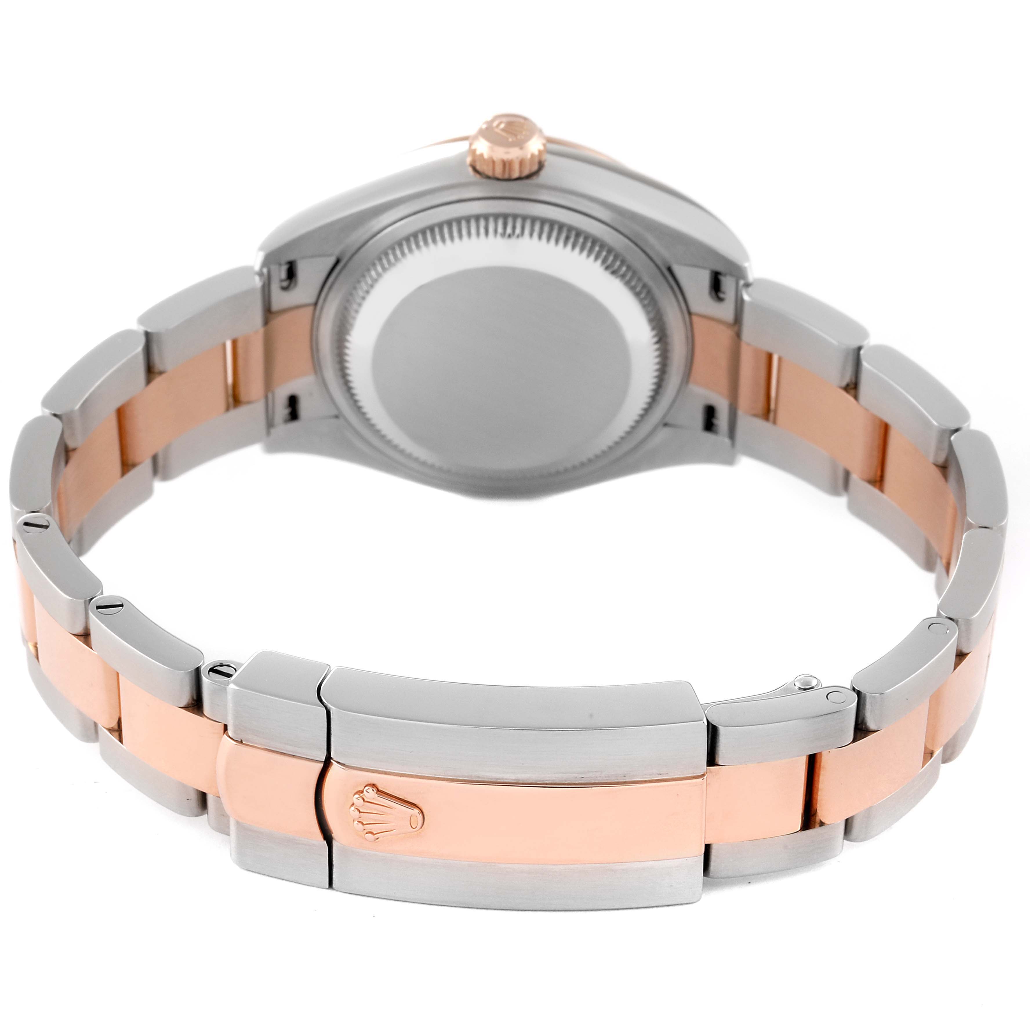 The image shows the back view of a Rolex Datejust 279171 Women's Steel and Gold (two tone) Brown Dial 279171 Women's Steel and Gold (two tone) Brown Dial, highlighting the case back, crown, and bicolor bracelet with the Rolex logo on the clasp.