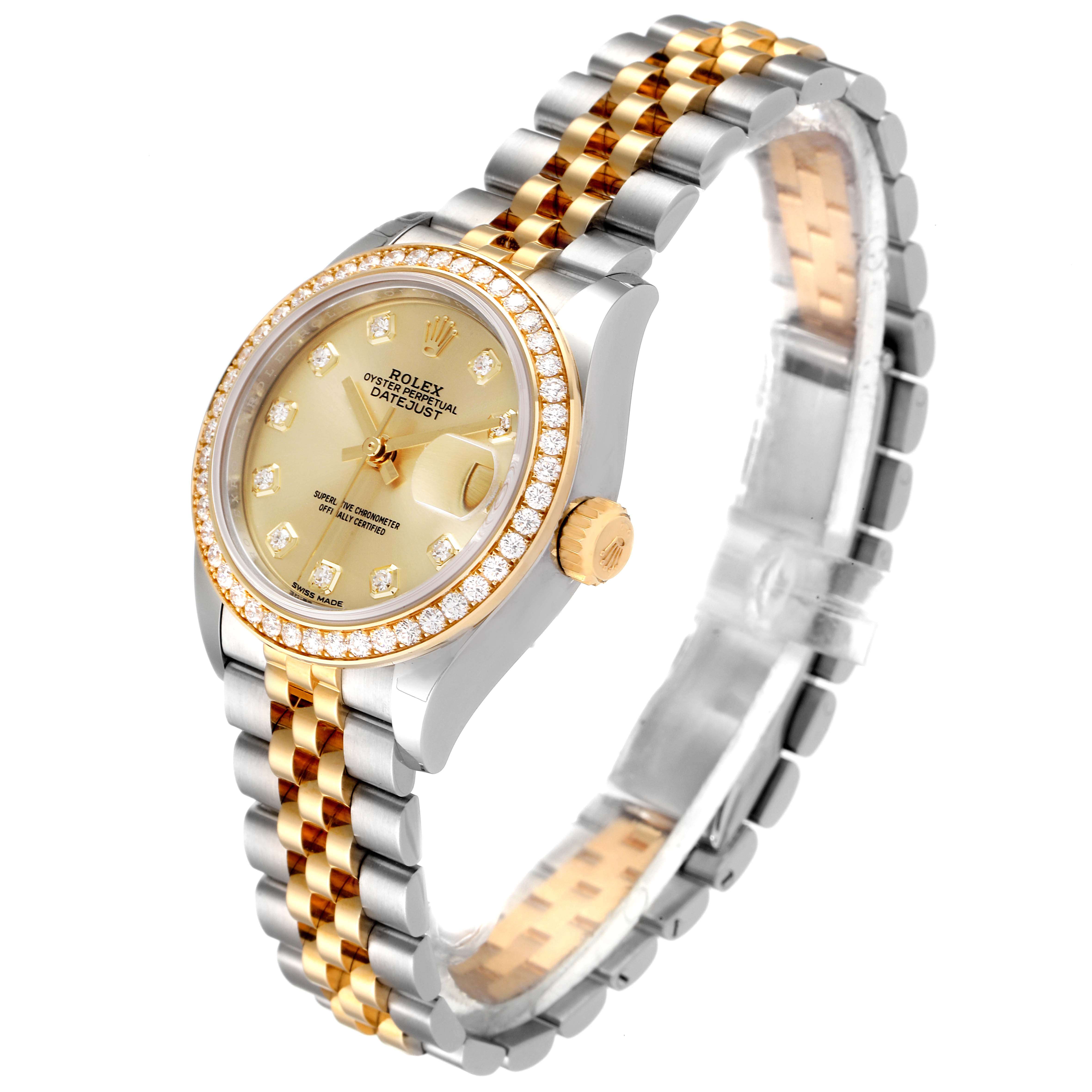 This image shows a side angle of a Rolex Datejust 279383 Women's Steel and Gold (two tone) Champagne Dial 279383 Women's Steel and Gold (two tone) Champagne Dial watch, highlighting its bezel, dial, and two-tone bracelet.