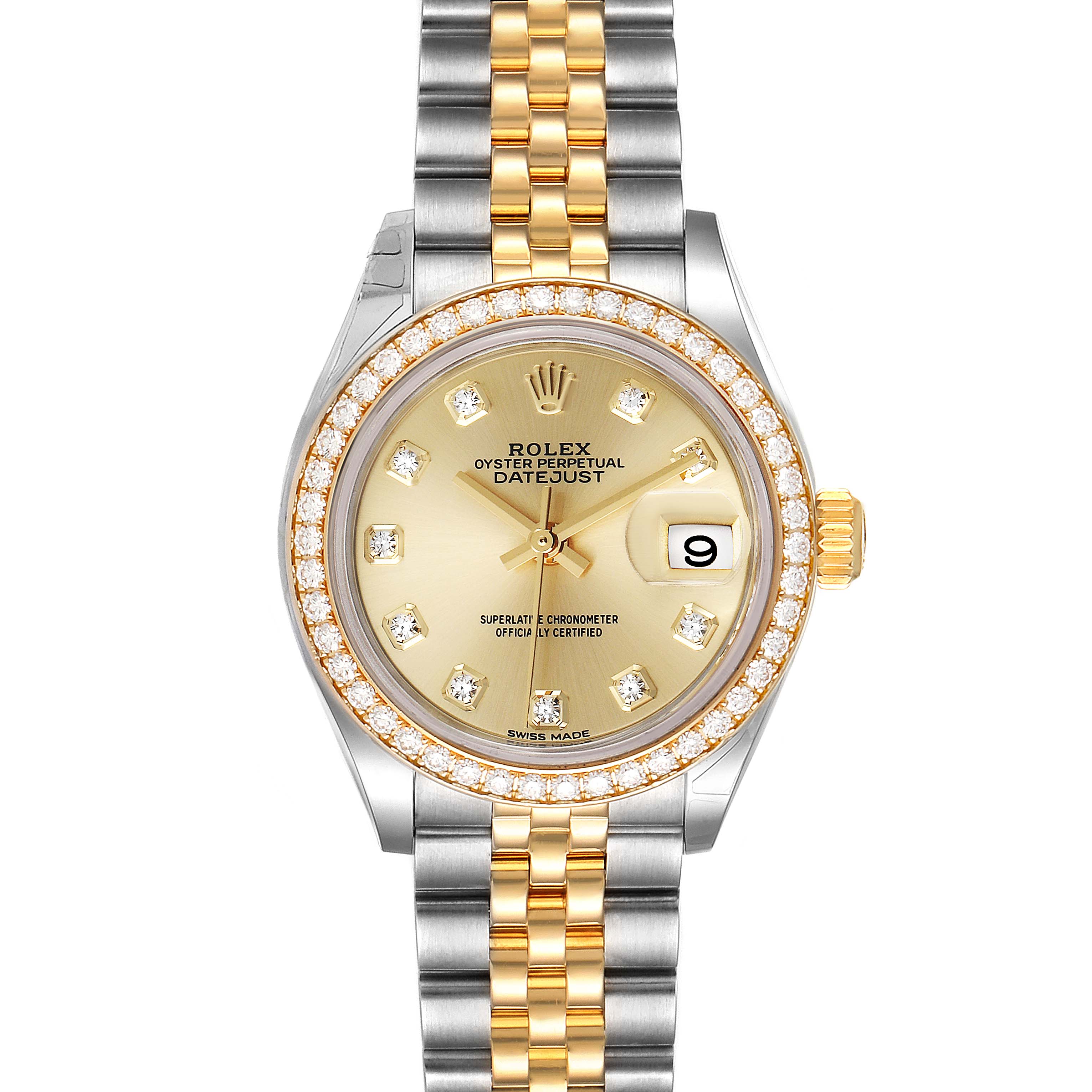 This image shows a front view of the Rolex Datejust 279383 Women's Steel and Gold (two tone) Champagne Dial 279383 Women's Steel and Gold (two tone) Champagne Dial watch, showcasing its dial, bezel, and bracelet.