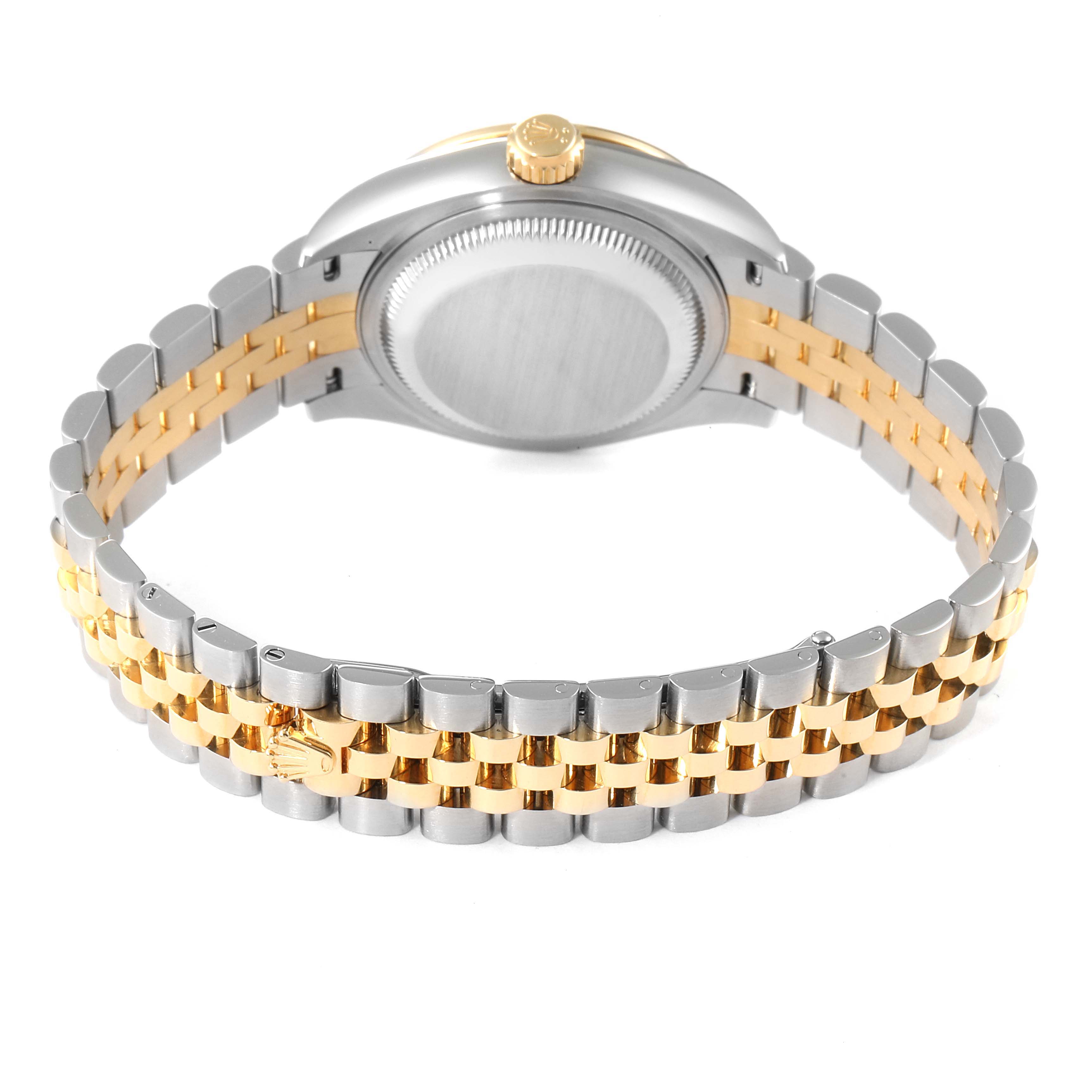 The image shows the back view of a Rolex Datejust 279383 Women's Steel and Gold (two tone) Champagne Dial 279383 Women's Steel and Gold (two tone) Champagne Dial watch with a two-tone bracelet and case back visible.