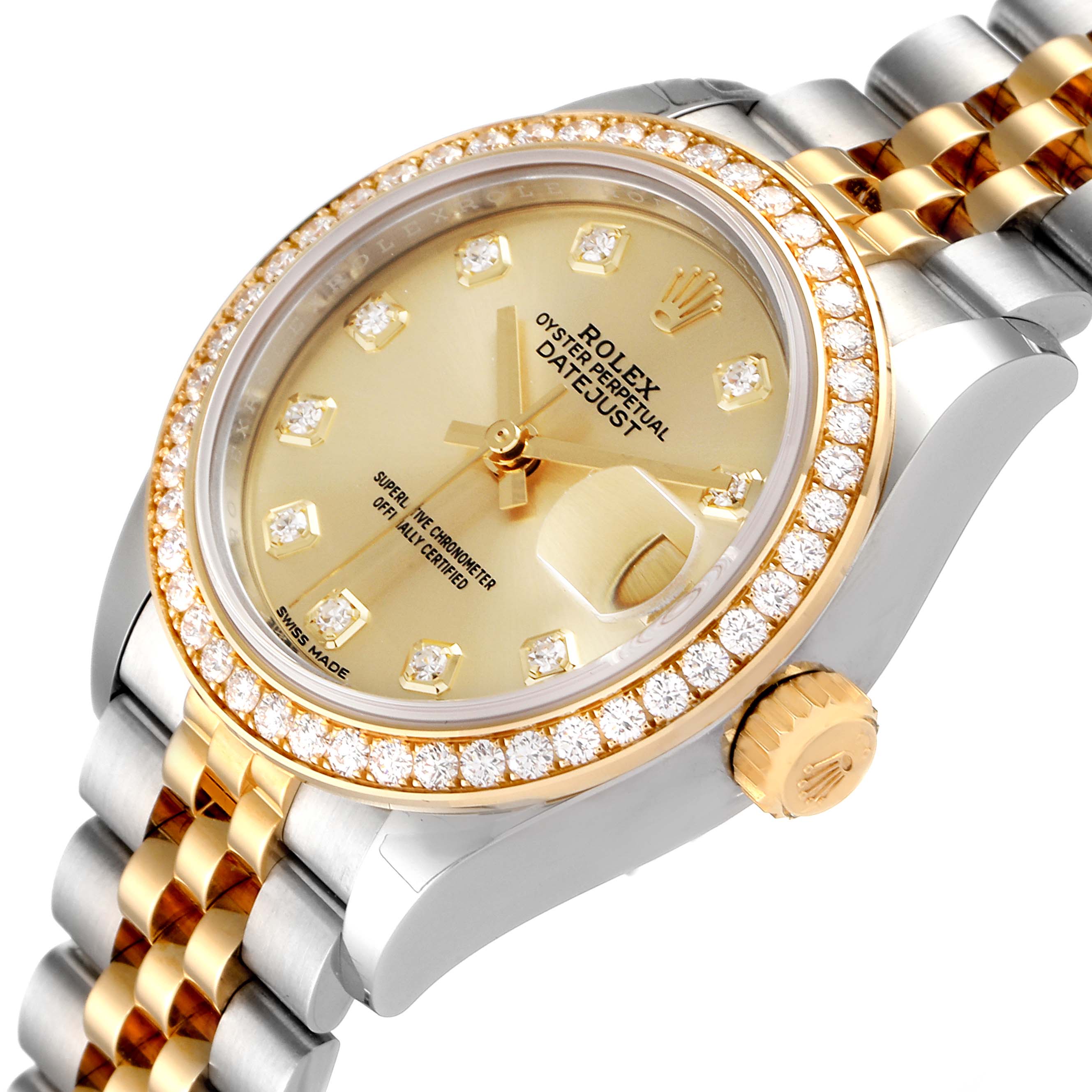 The image shows a close-up angled view of a Rolex Datejust 279383 Women's Steel and Gold (two tone) Champagne Dial 279383 Women's Steel and Gold (two tone) Champagne Dial watch, highlighting the diamond-encrusted bezel, dial, and two-tone bracelet.