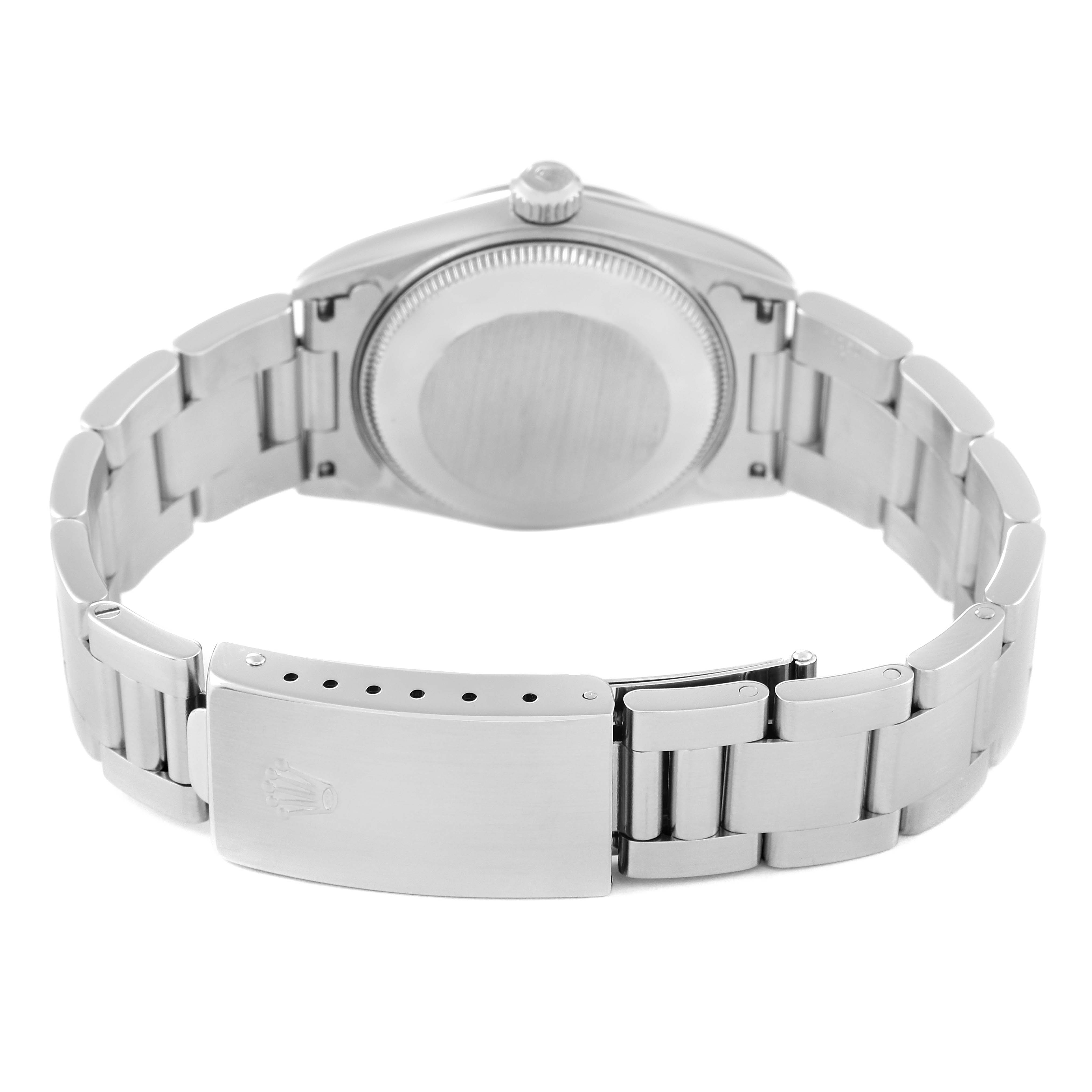 This image shows the back side of a Rolex Mid-Size 78240 Women
s Stainless Steel Blue Dial 78240 Women
s Stainless Steel Blue Dial model watch, highlighting the case back and bracelet clasp.