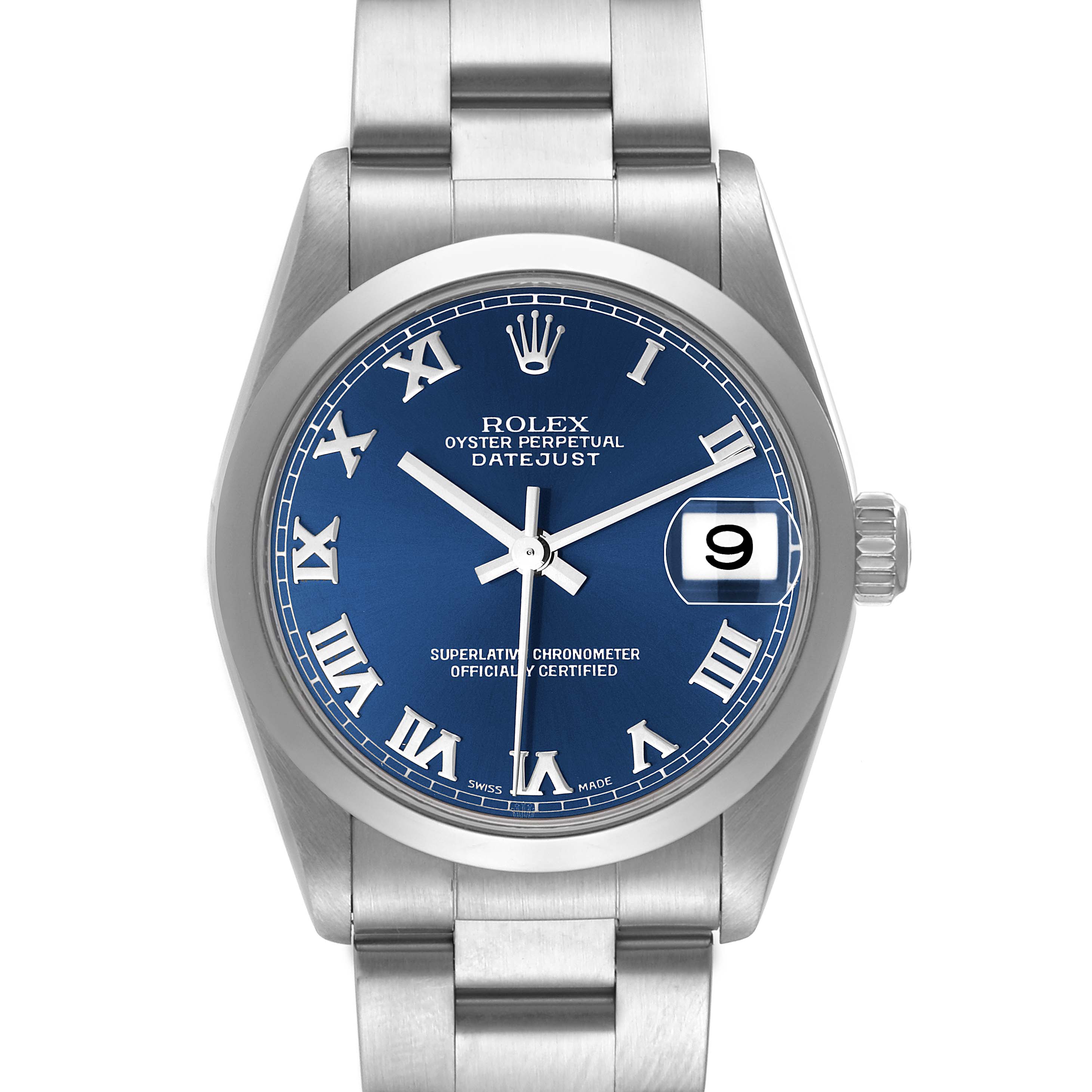 This image shows a front view of a Mid-Size Rolex Datejust watch with a blue dial and stainless steel bracelet.
