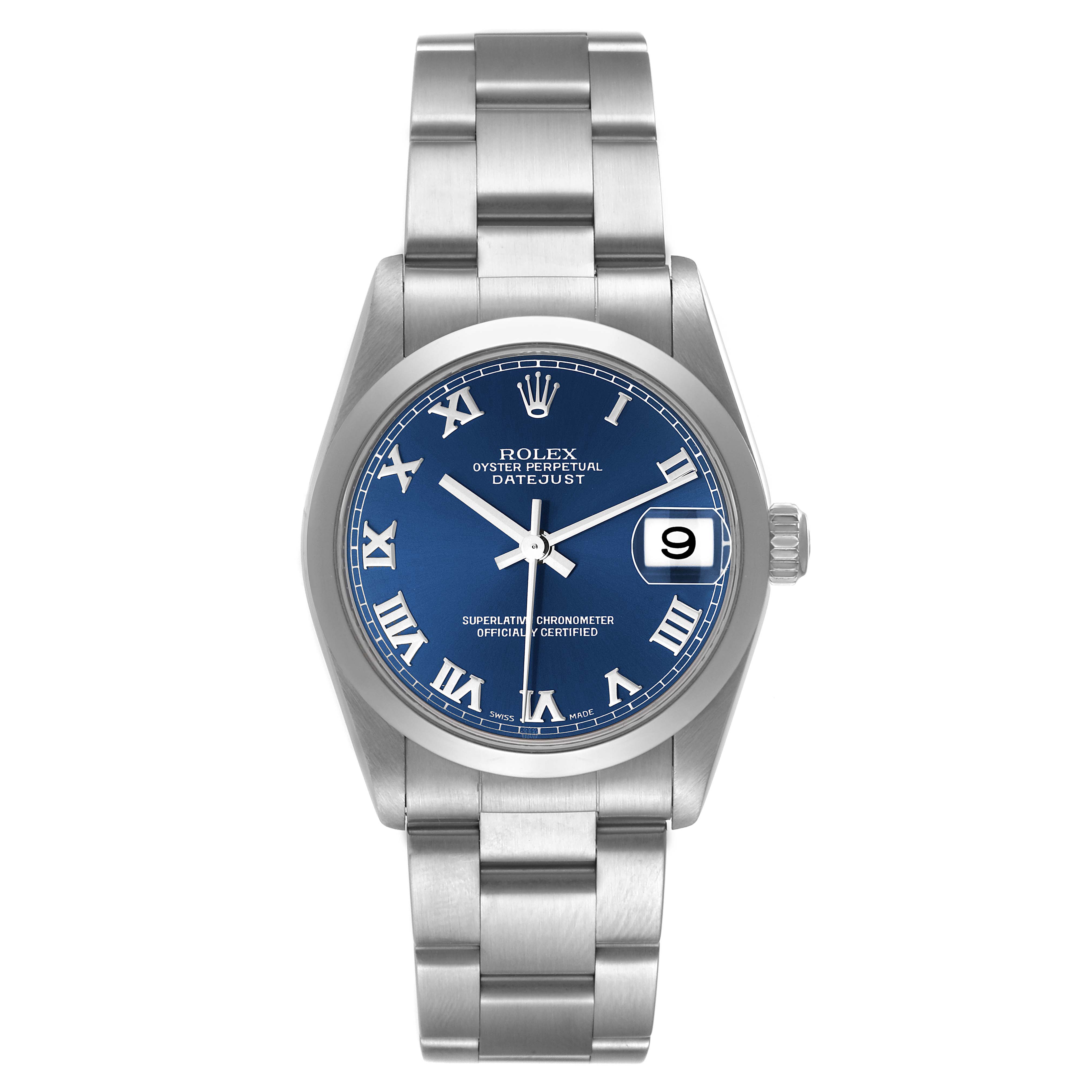 The image shows a front view of a Mid-Size Rolex Oyster Perpetual Datejust watch with a blue dial and silver bracelet.