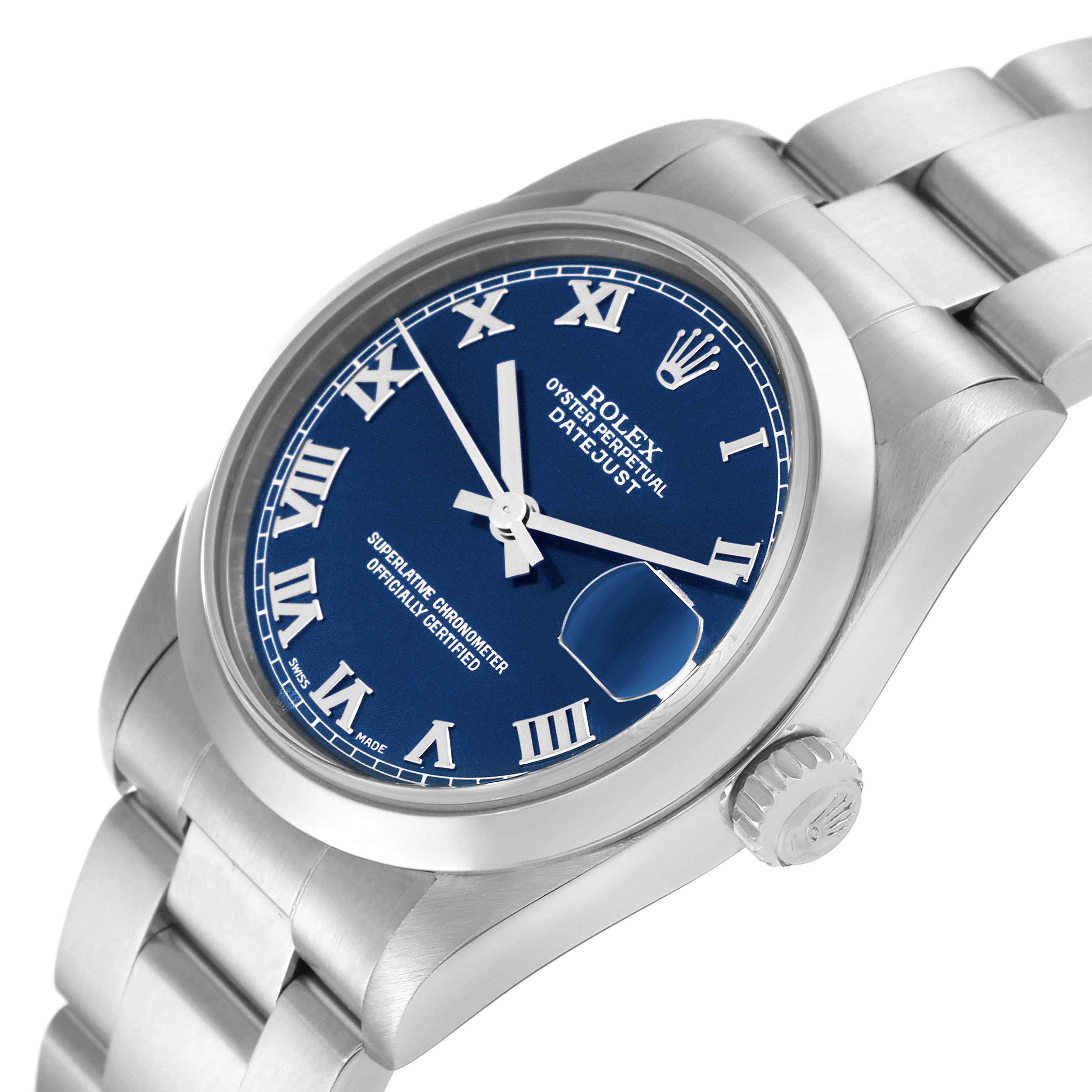 The image shows a tilted top-down view of a Rolex Mid-Size 78240 Women
s Stainless Steel Blue Dial 78240 Women
s Stainless Steel Blue Dial Oyster Perpetual Datejust watch, highlighting its blue dial, crown, and bracelet.