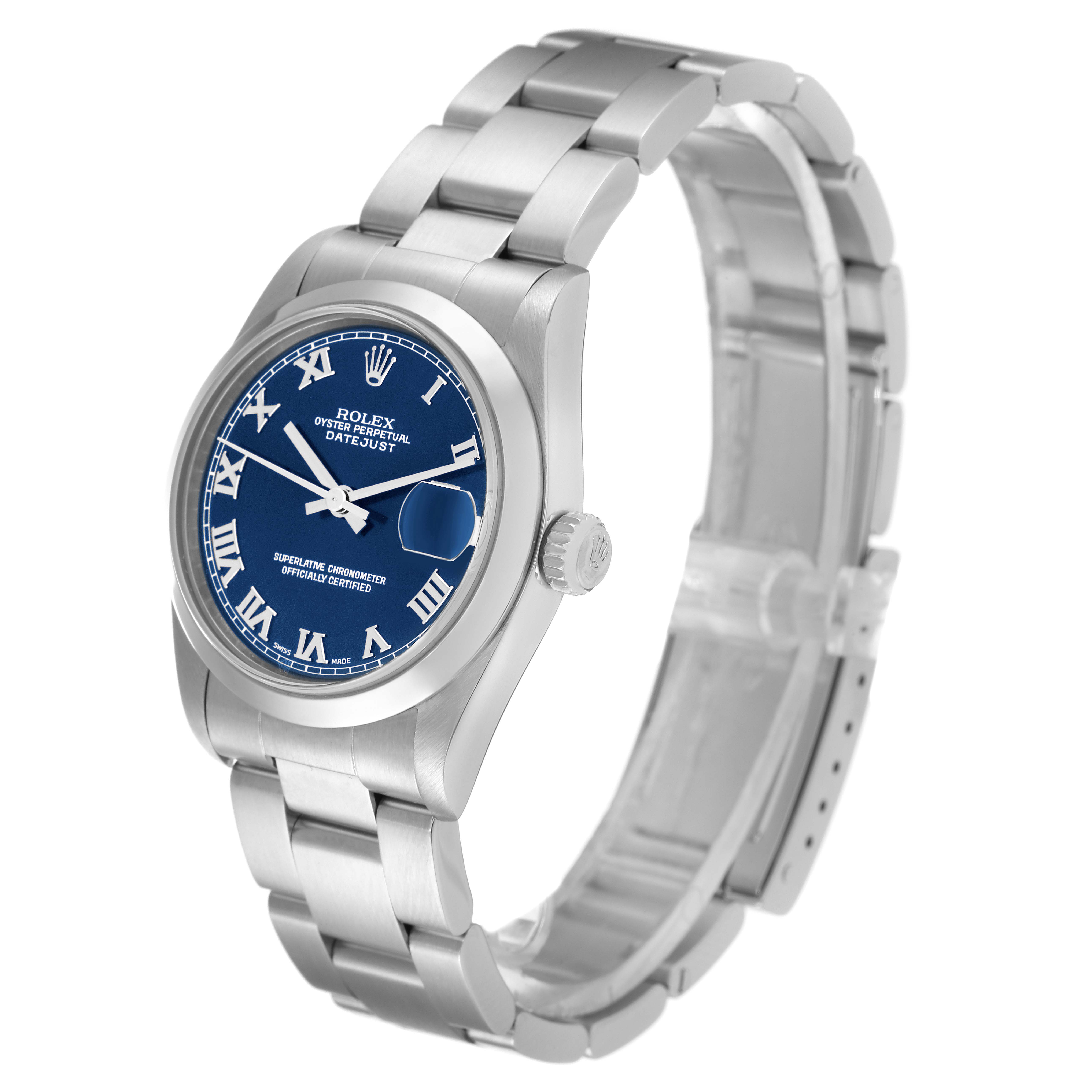 This is a Rolex Oyster Perpetual Datejust Mid-Size watch, shown from a three-quarter angle, highlighting the face, bezel, and bracelet.
