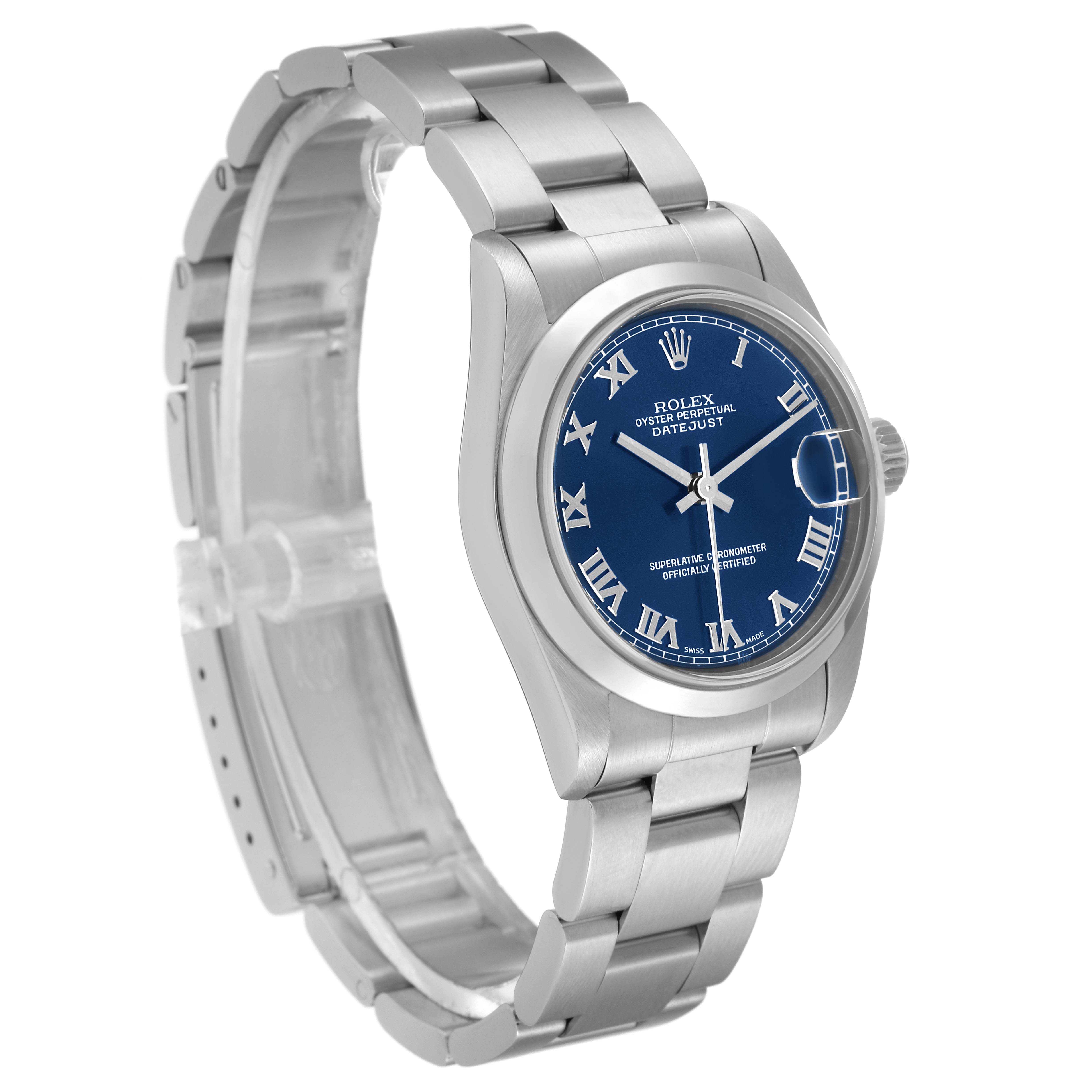 This image shows a Rolex Mid-Size 78240 Women
s Stainless Steel Blue Dial 78240 Women
s Stainless Steel Blue Dial Datejust watch from an oblique angle, featuring its silver strap and blue dial with Roman numerals.
