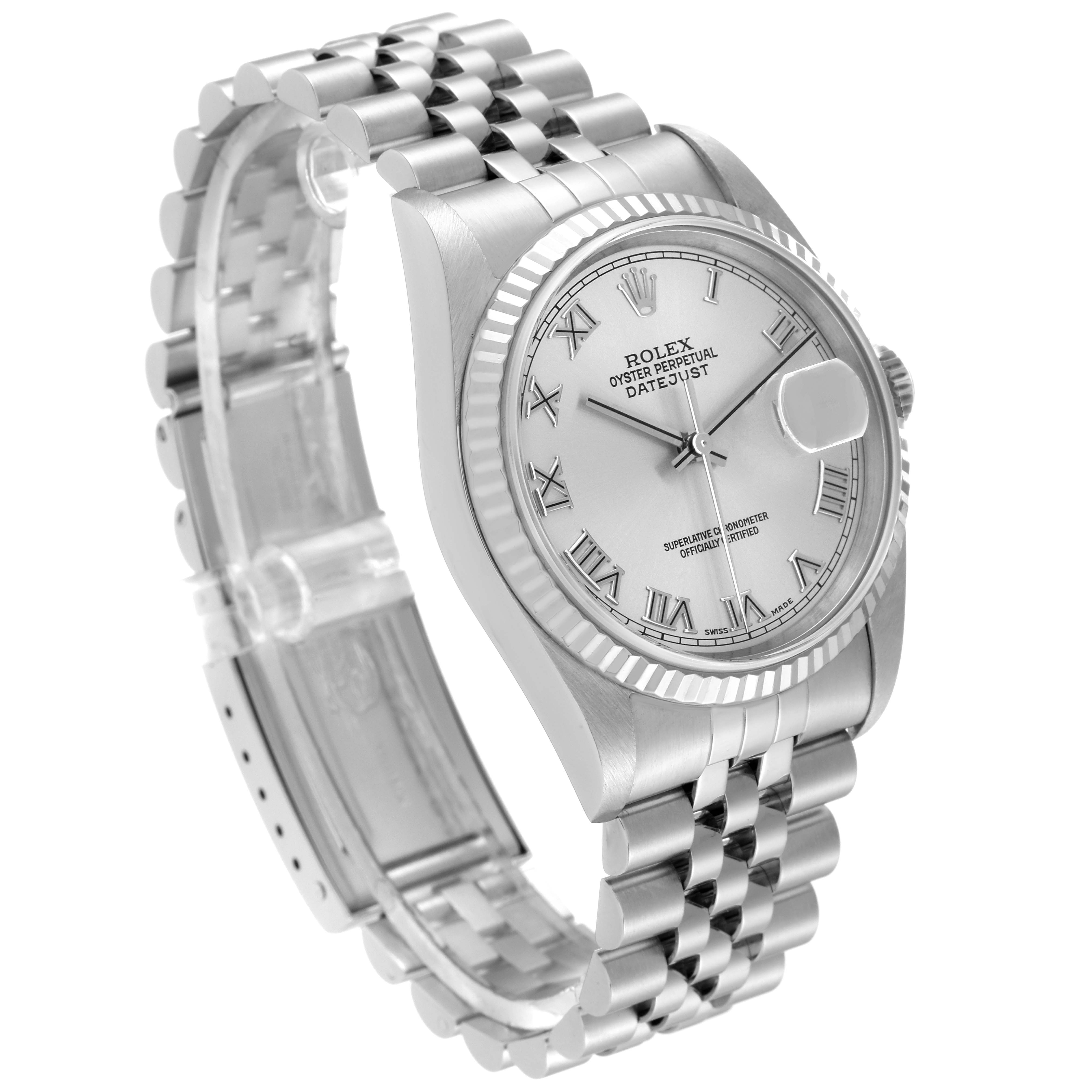 The image shows a Rolex Datejust 16234 Men's Stainless Steel Silver Dial 16234 Men's Stainless Steel Silver Dial watch at a three-quarter angle, highlighting its face and Jubilee bracelet.