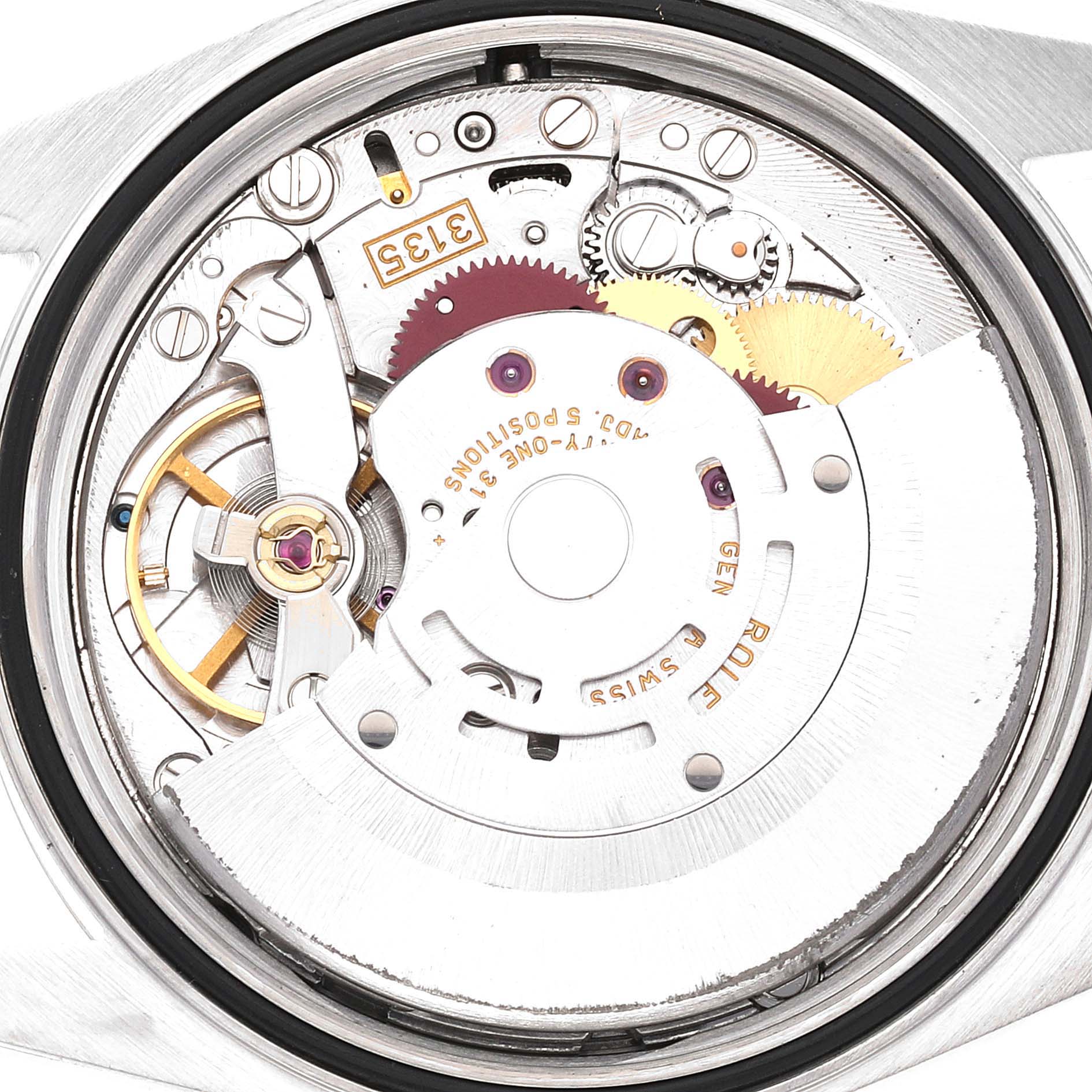 This image shows the internal mechanical movement of a Rolex Datejust 16234 Men's Stainless Steel Silver Dial 16234 Men's Stainless Steel Silver Dial watch from a top-down angle.