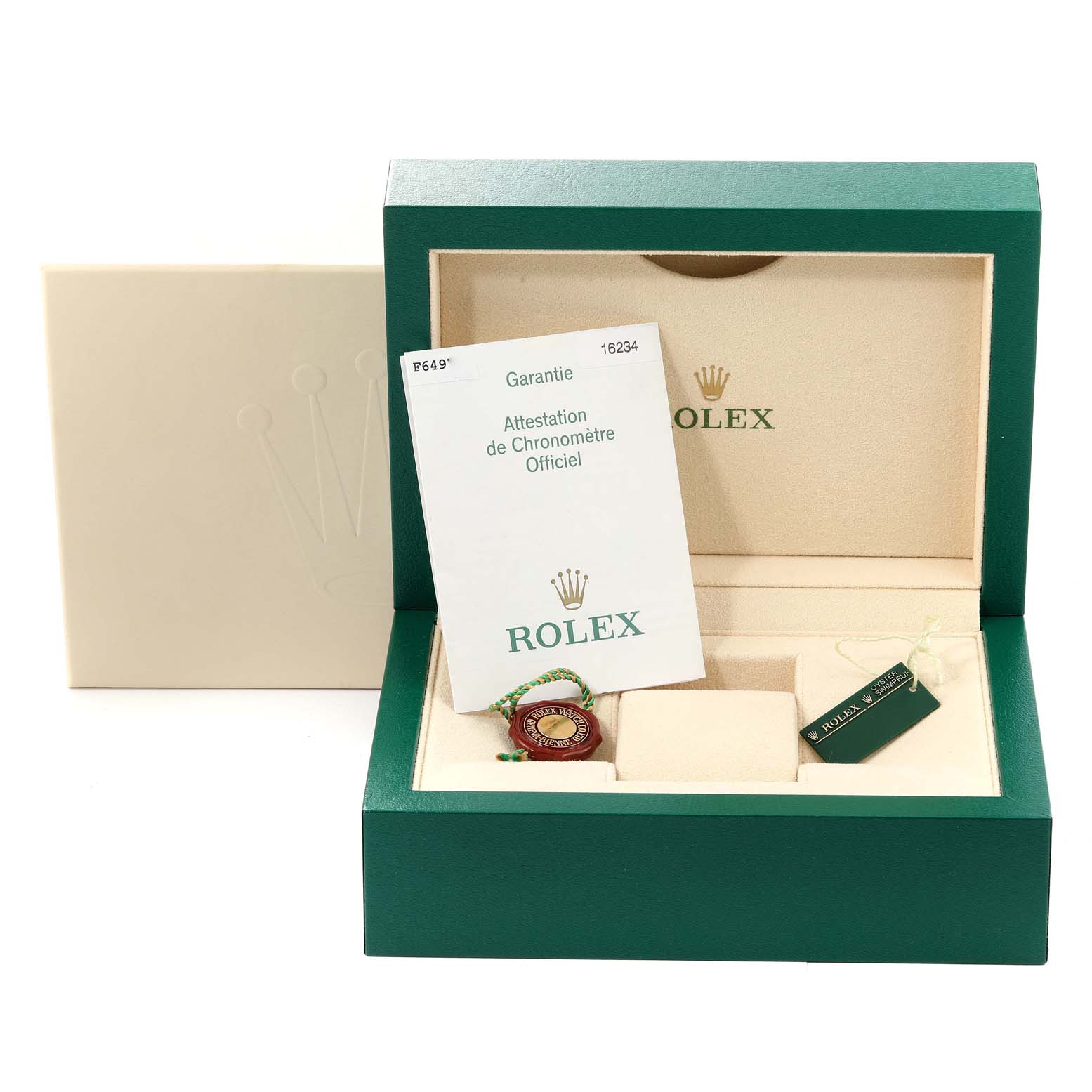 The image shows the Rolex Datejust 16234 Men's Stainless Steel Silver Dial 16234 Men's Stainless Steel Silver Dial box with a warranty card and certification booklet on top.