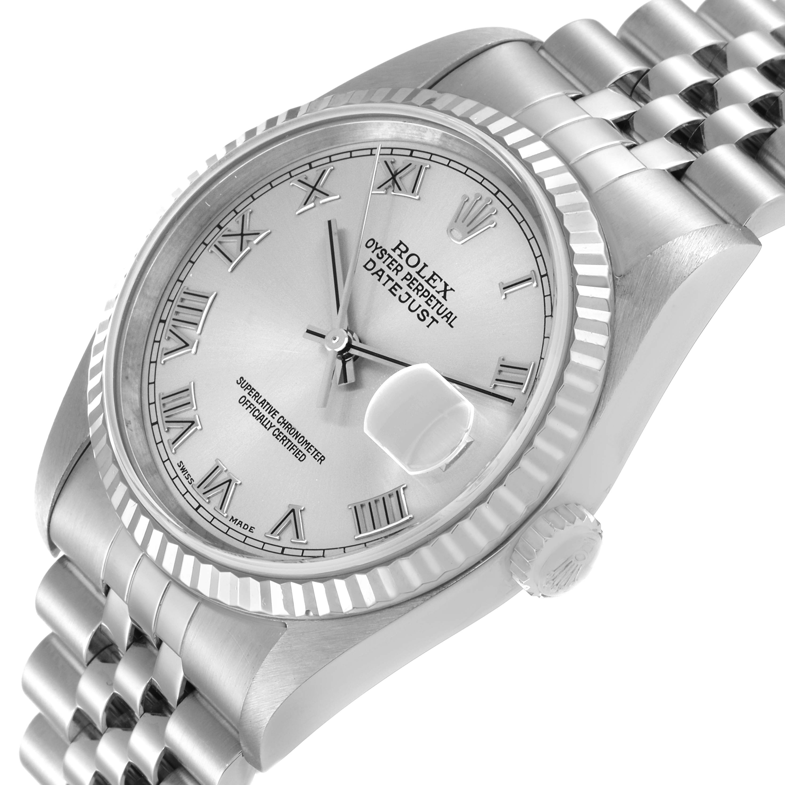 The image shows an angled view of the Rolex Datejust 16234 Men's Stainless Steel Silver Dial 16234 Men's Stainless Steel Silver Dial watch, displaying the face, bezel, and part of the bracelet.