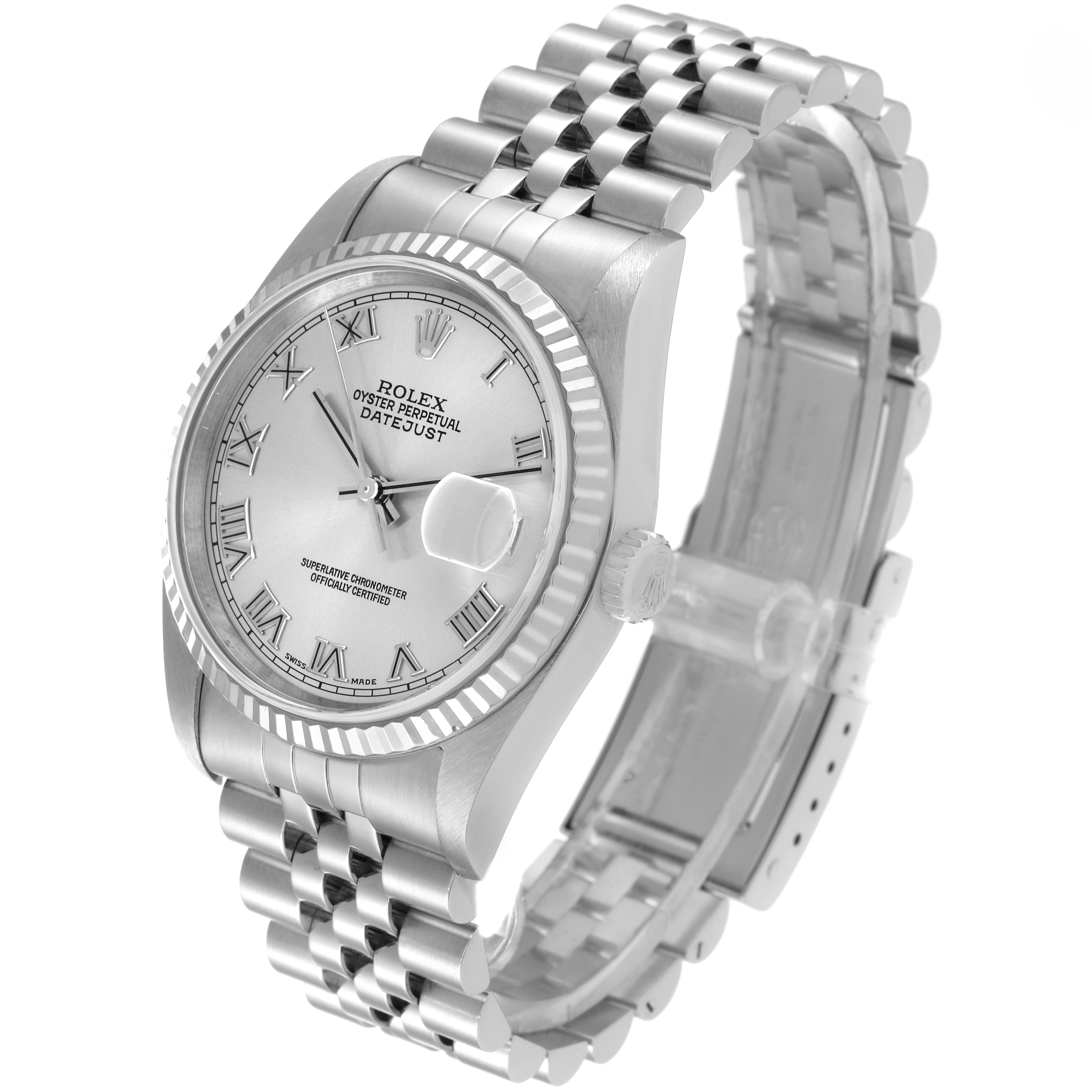 The Rolex Datejust 16234 Men's Stainless Steel Silver Dial 16234 Men's Stainless Steel Silver Dial is shown at a three-quarter angle, highlighting the face, bezel, crown, and jubilee bracelet.