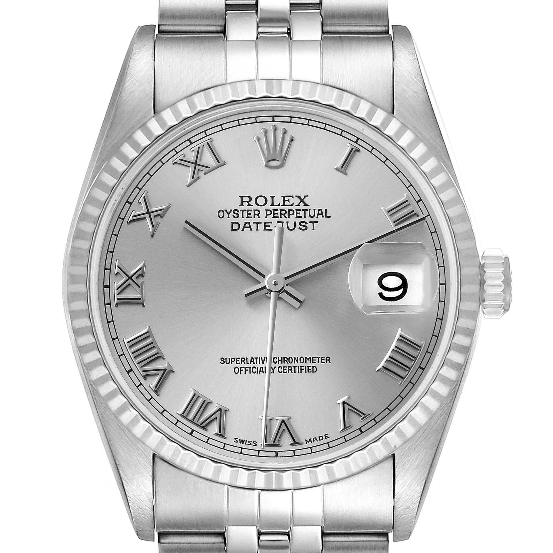The image shows a front view of a Rolex Datejust 16234 Men's Stainless Steel Silver Dial 16234 Men's Stainless Steel Silver Dial watch, highlighting the dial, Roman numerals, and magnified date window.