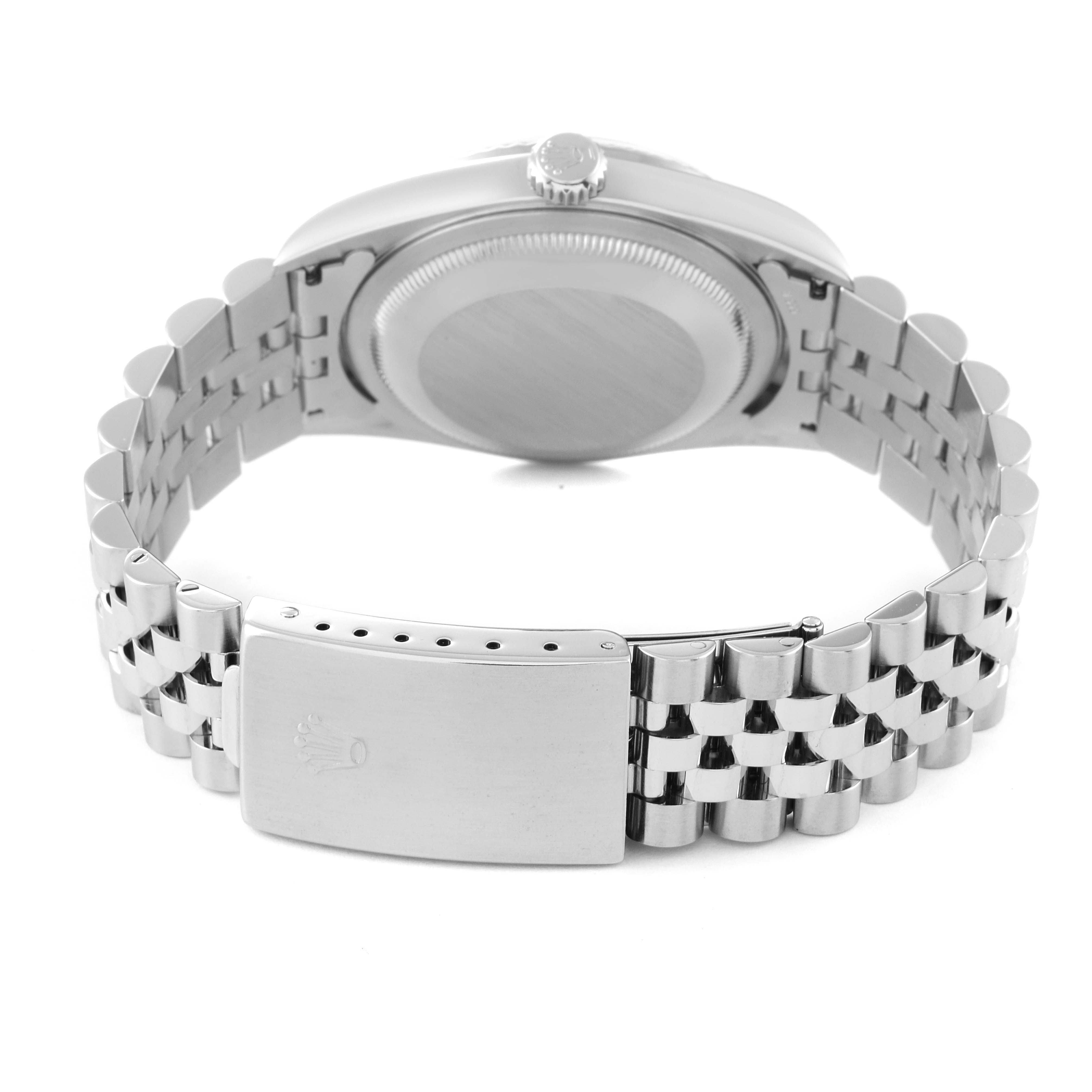 This Rolex Datejust 16234 Men's Stainless Steel Silver Dial 16234 Men's Stainless Steel Silver Dial watch is shown from the back, highlighting its bracelet, clasp, and case back.