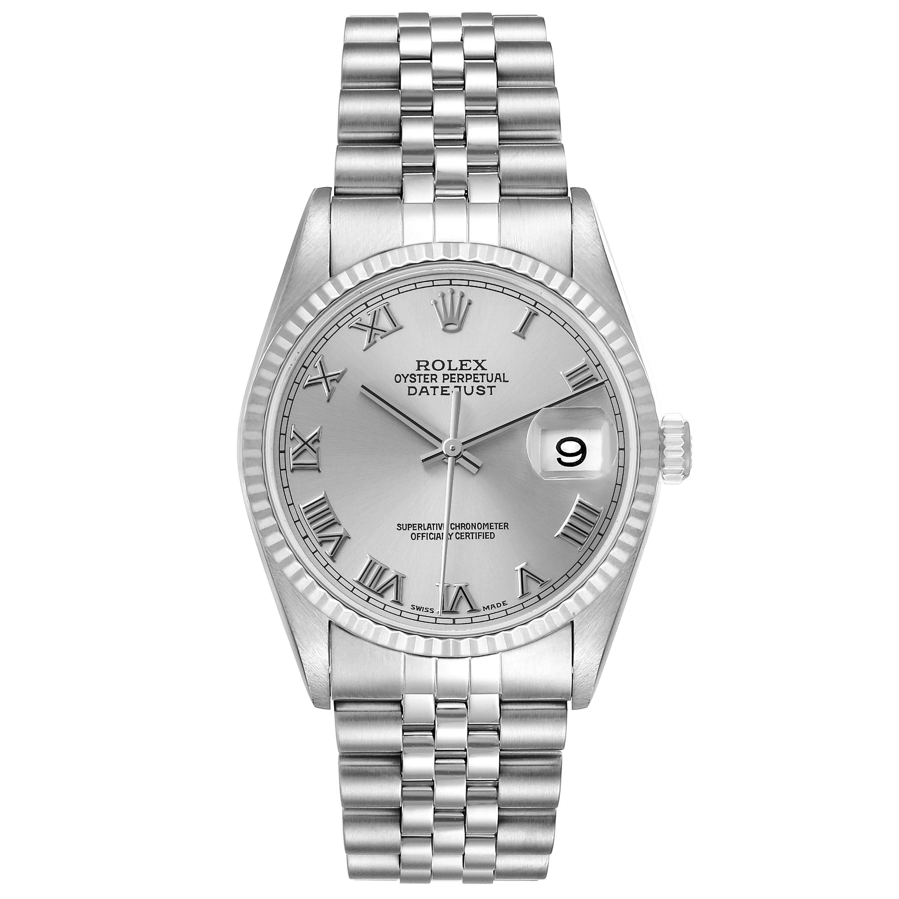 This image shows a Rolex Datejust 16234 Men's Stainless Steel Silver Dial 16234 Men's Stainless Steel Silver Dial watch from the front, displaying the face, bezel, crown, and bracelet.