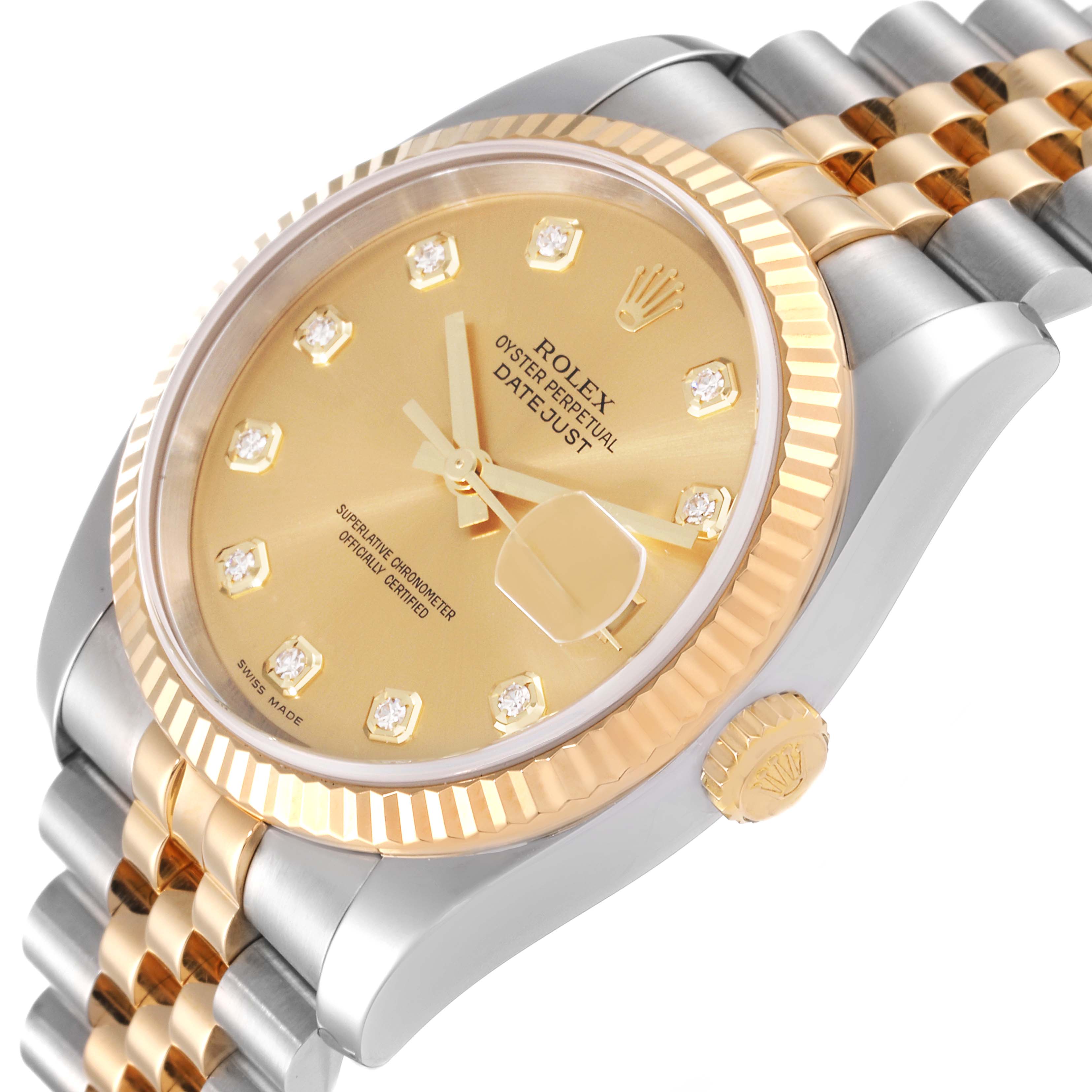 This image shows a close-up, angled view of a Rolex Datejust 116233 Men's Steel and Gold (two tone) Champagne Dial 116233 Men's Steel and Gold (two tone) Champagne Dial watch, featuring the dial, fluted bezel, crown, and part of the bracelet.