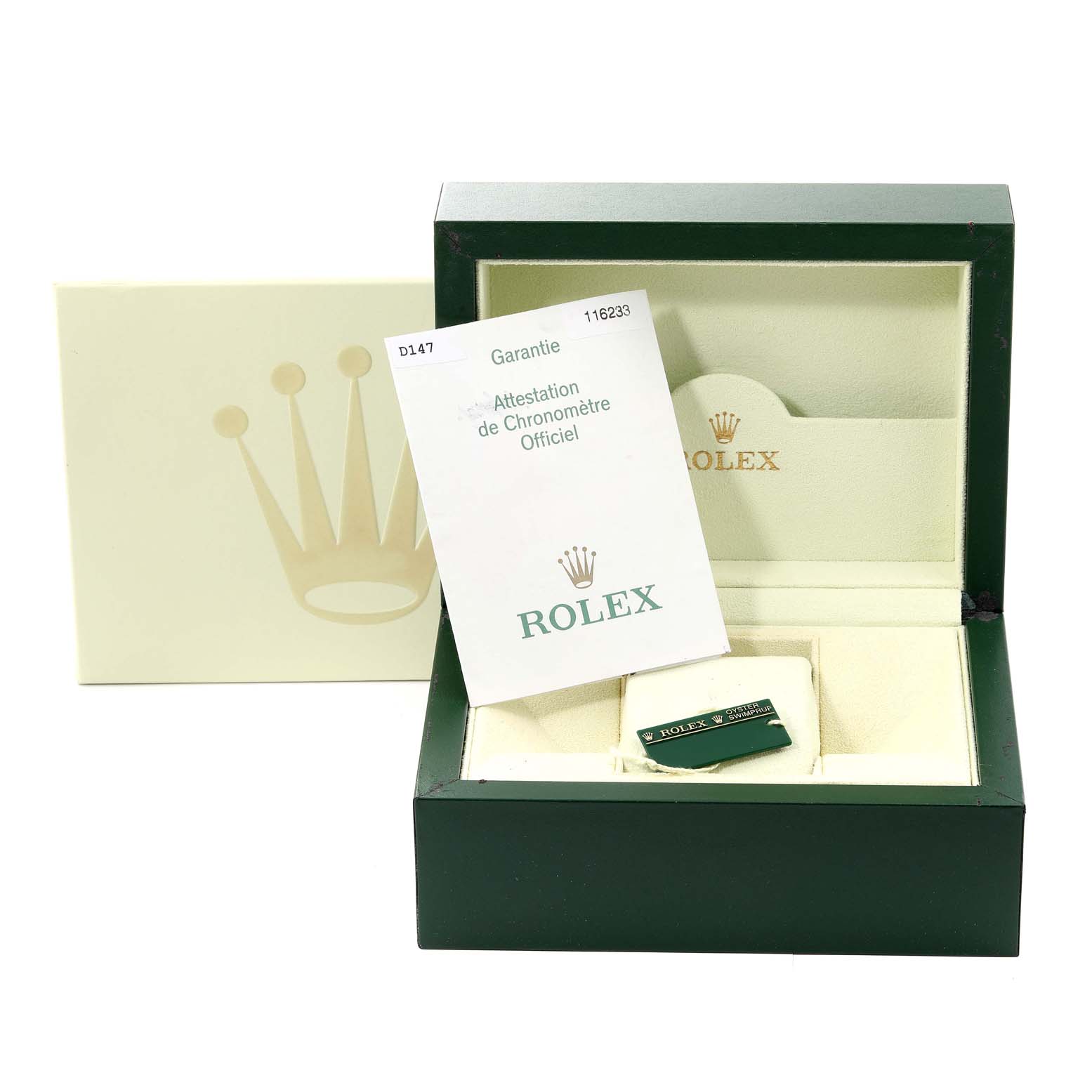 The image shows a Rolex Datejust 116233 Men's Steel and Gold (two tone) Champagne Dial 116233 Men's Steel and Gold (two tone) Champagne Dial watc box with its guarantee and certification documents.