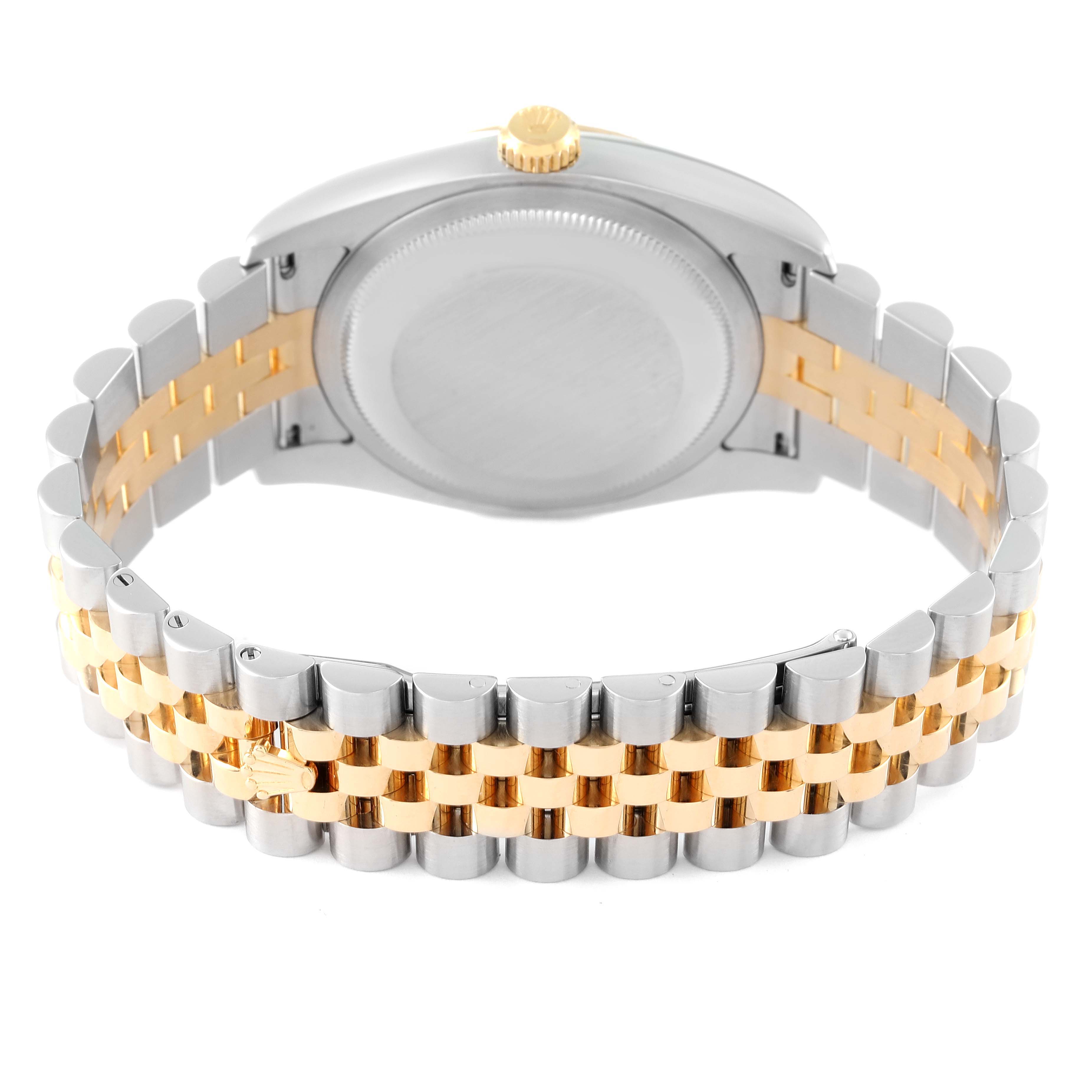 The image shows the back view of the Rolex Datejust 116233 Men's Steel and Gold (two tone) Champagne Dial 116233 Men's Steel and Gold (two tone) Champagne Dial model, highlighting the case back and the two-tone Jubilee bracelet.