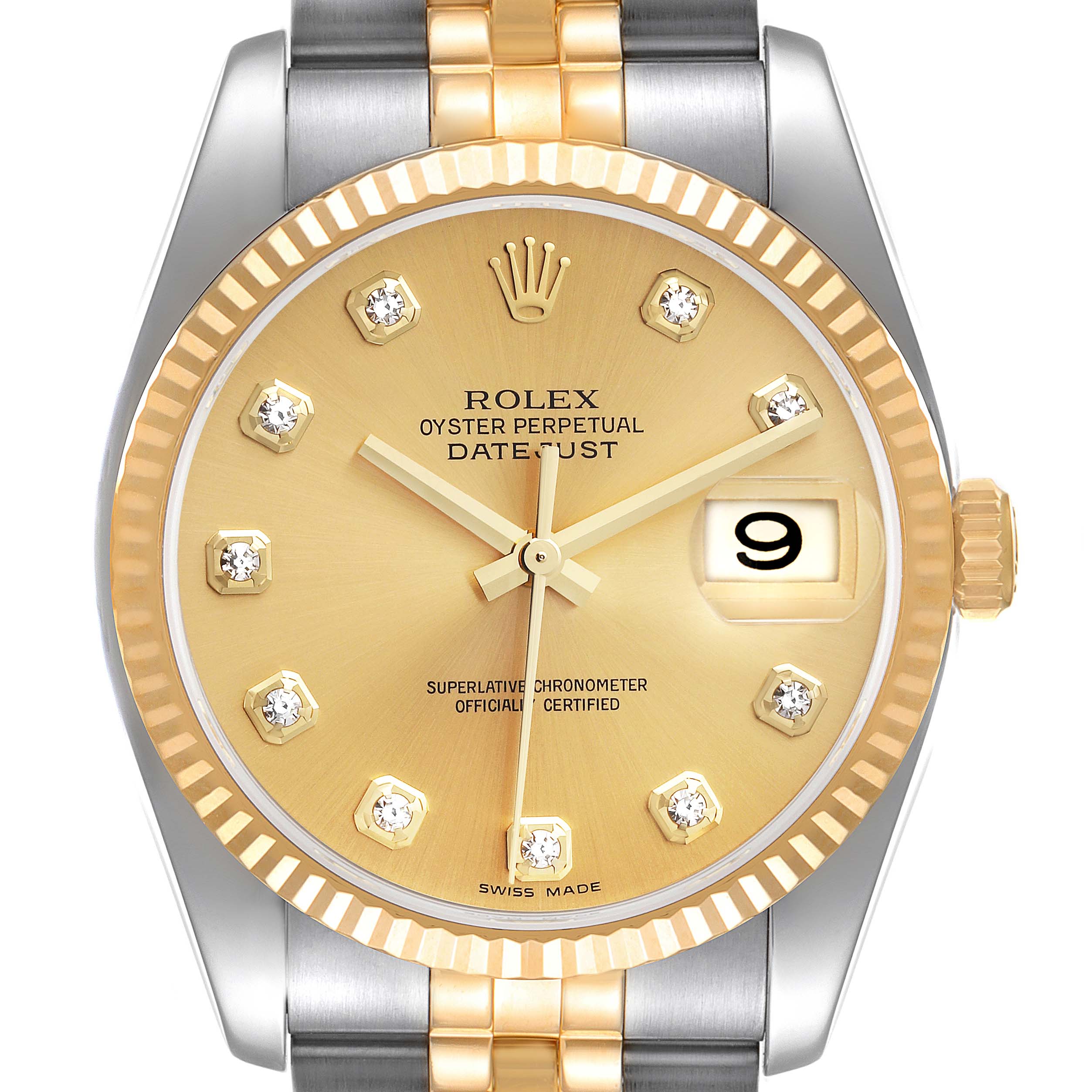 The image shows the face of a Rolex Datejust 116233 Men's Steel and Gold (two tone) Champagne Dial 116233 Men's Steel and Gold (two tone) Champagne Dial watch with a gold and silver two-tone design, including the bezel, dial, hands, and part of the bracelet.