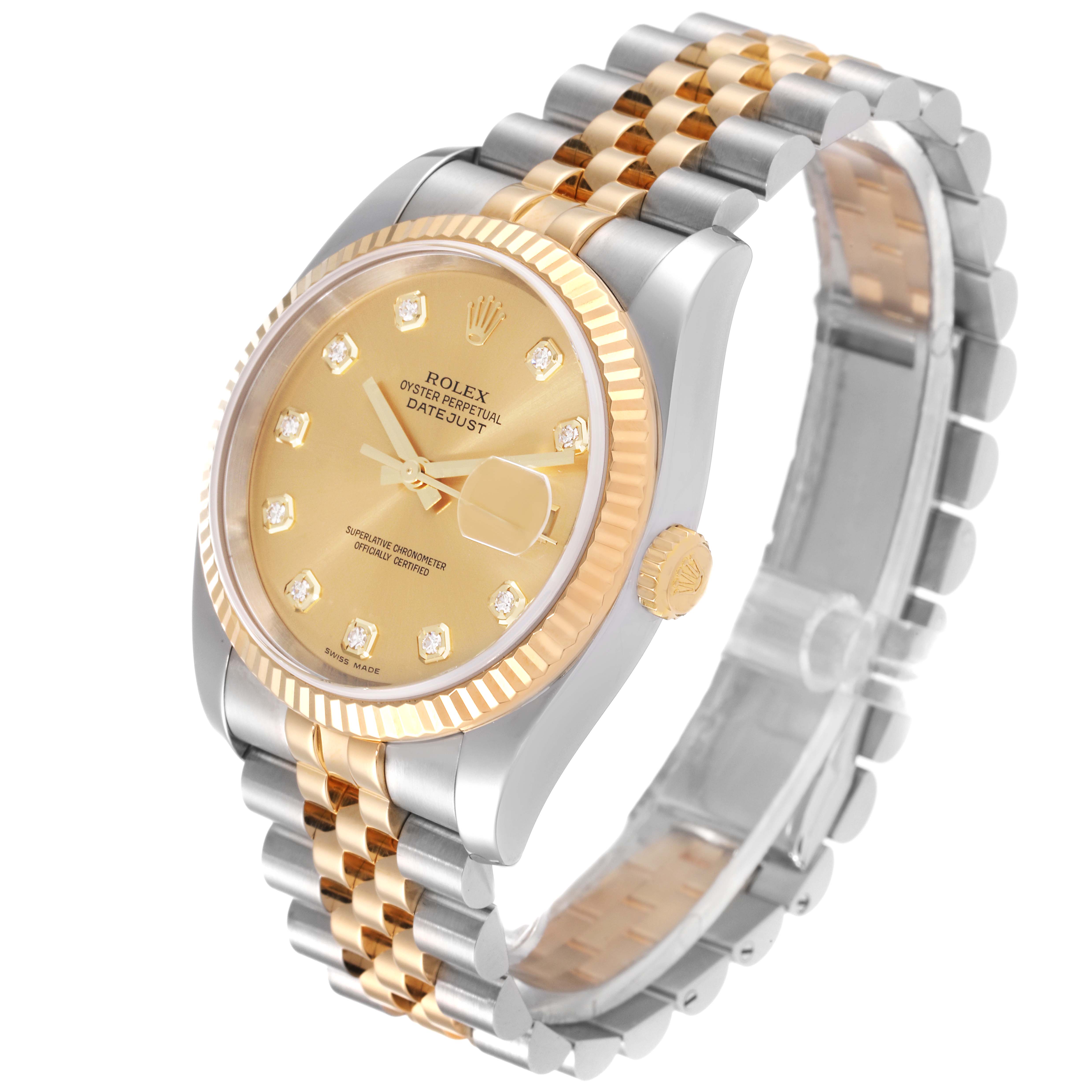 The Rolex Datejust 116233 Men's Steel and Gold (two tone) Champagne Dial 116233 Men's Steel and Gold (two tone) Champagne Dial watch is shown at an angle highlighting the dial, fluted bezel, jubilee bracelet, and the date magnifier.