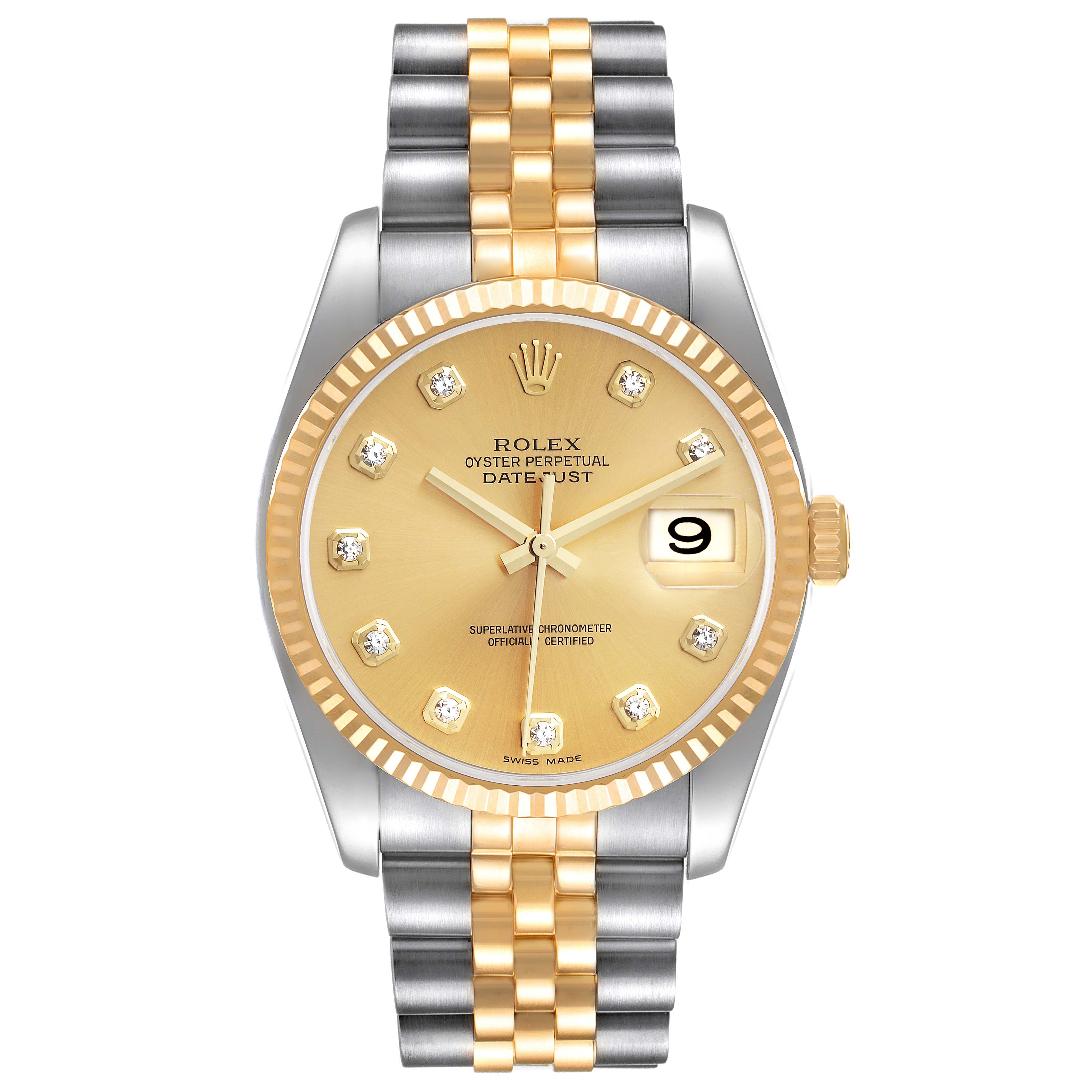 This Rolex Datejust 116233 Men's Steel and Gold (two tone) Champagne Dial 116233 Men's Steel and Gold (two tone) Champagne Dial watch features a gold and silver two-tone bracelet, gold dial with diamond hour markers, and a date window at 3 o'clock.